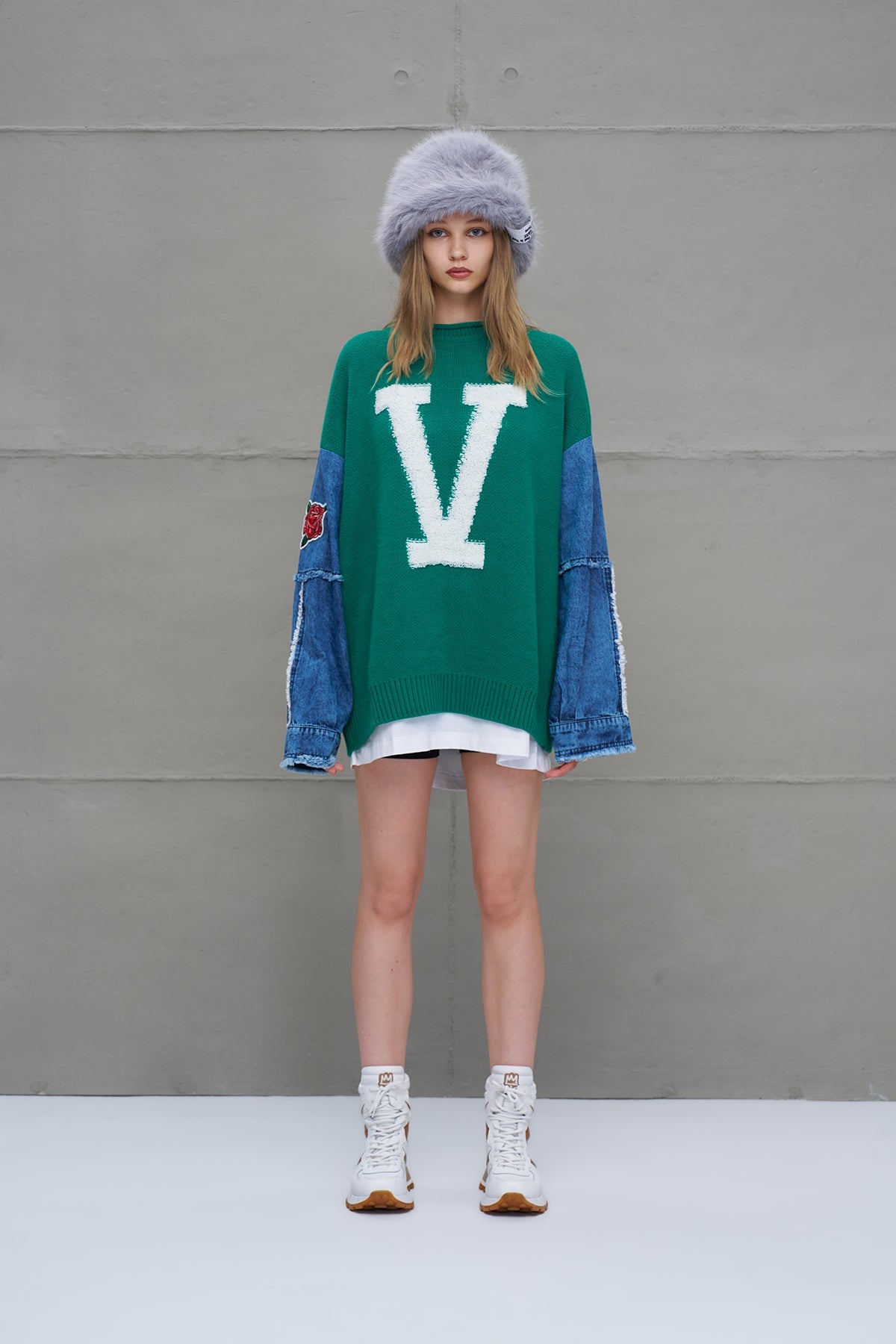 Green Blue Letter Print Oversized Knit Sweater 18073