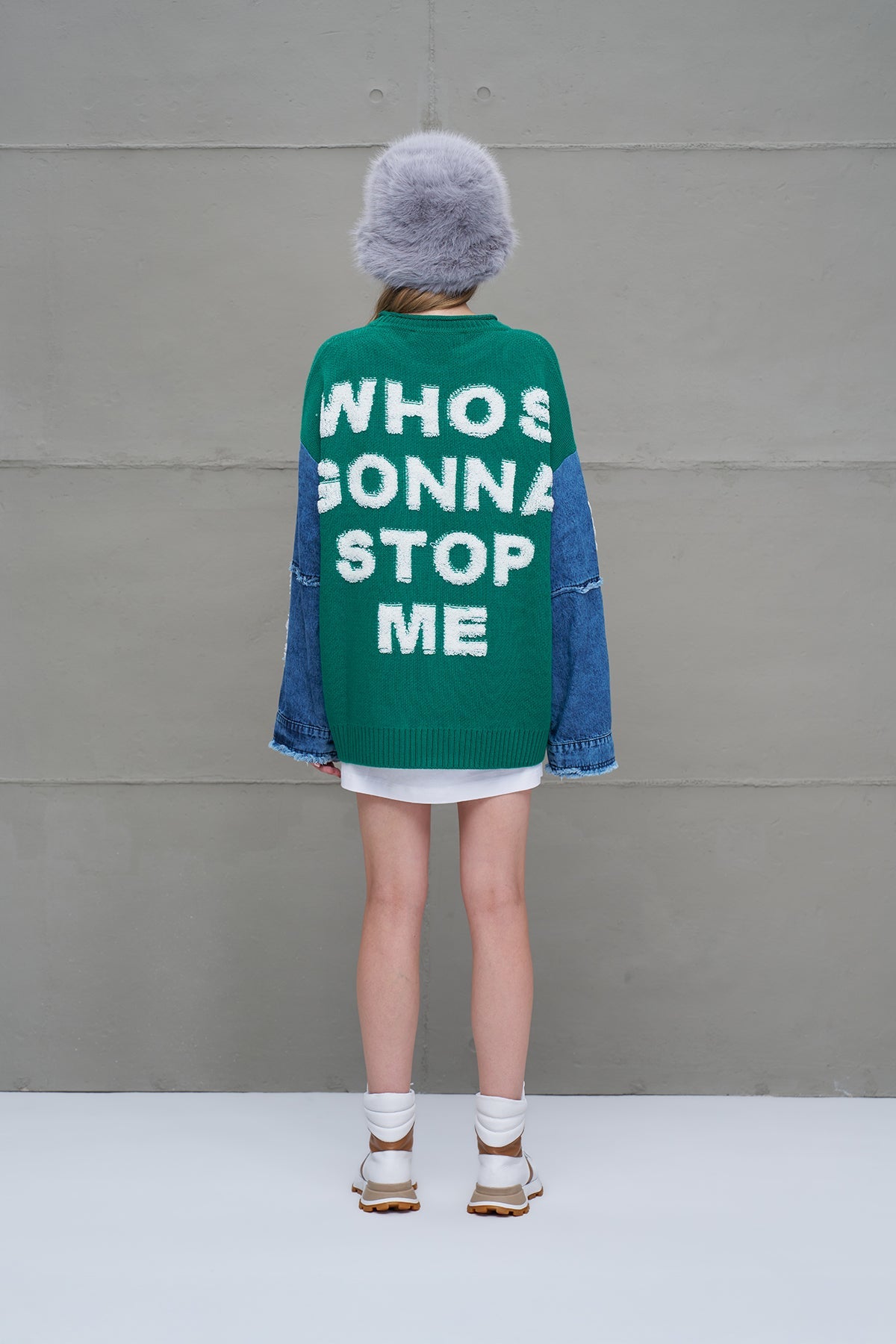 Green Blue Letter Print Oversized Knit Sweater 18073