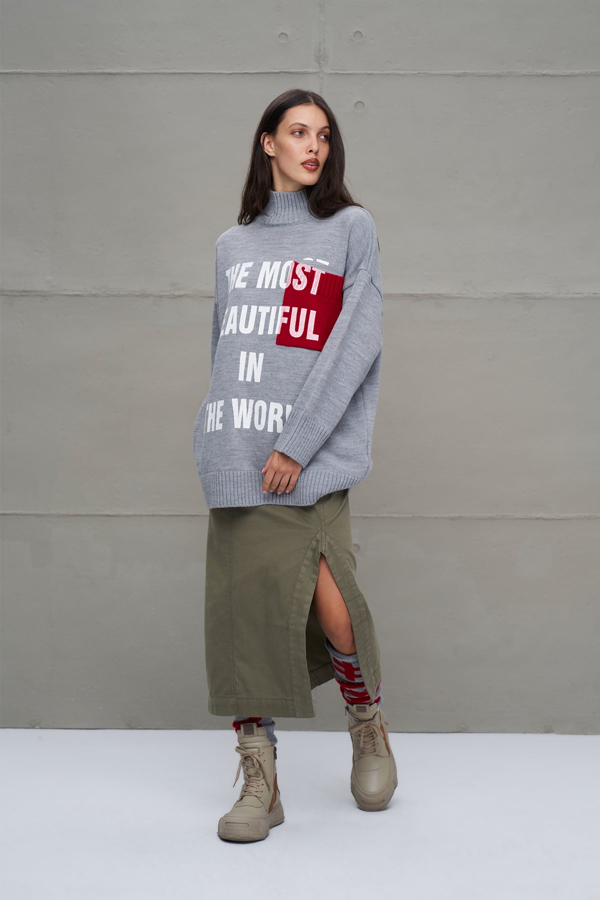 Grey Melange Slogan Oversized Knit Sweater 18075
