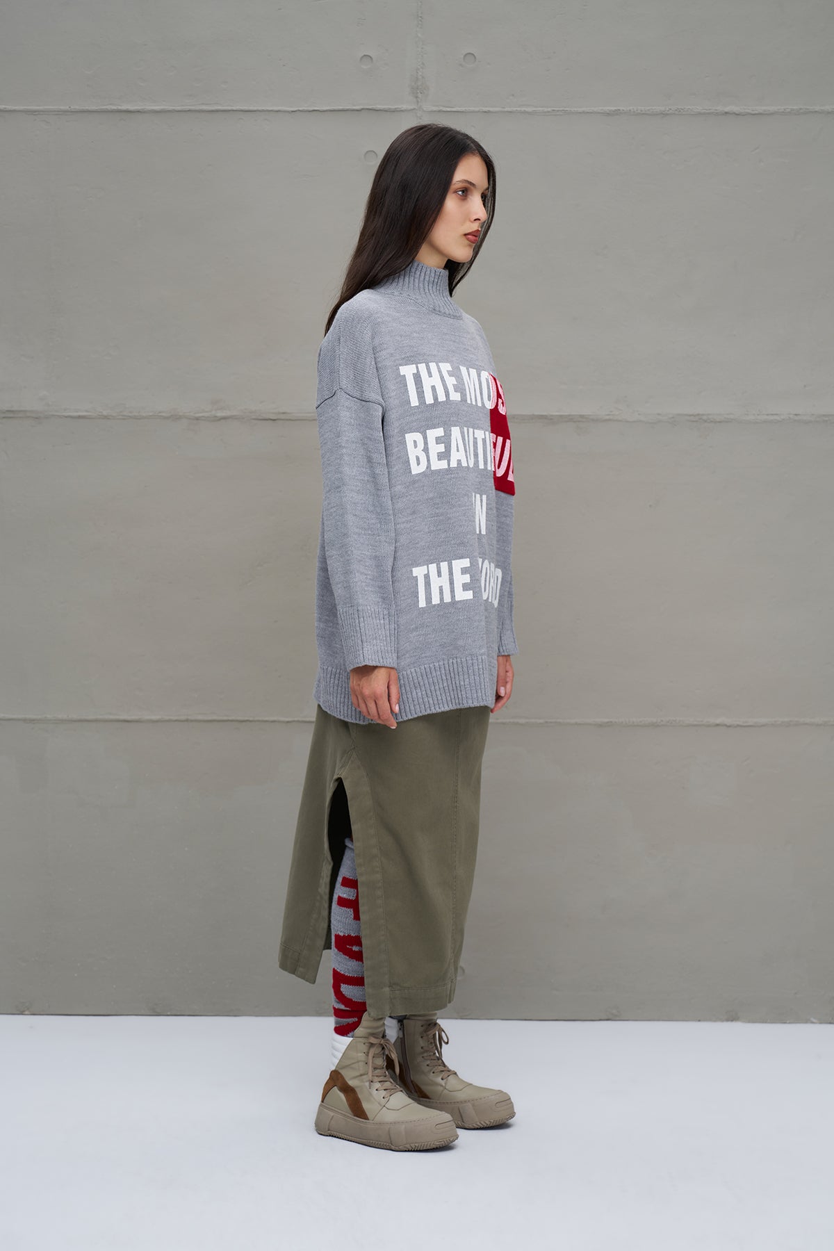 Grey Melange Slogan Oversized Knit Sweater 18075