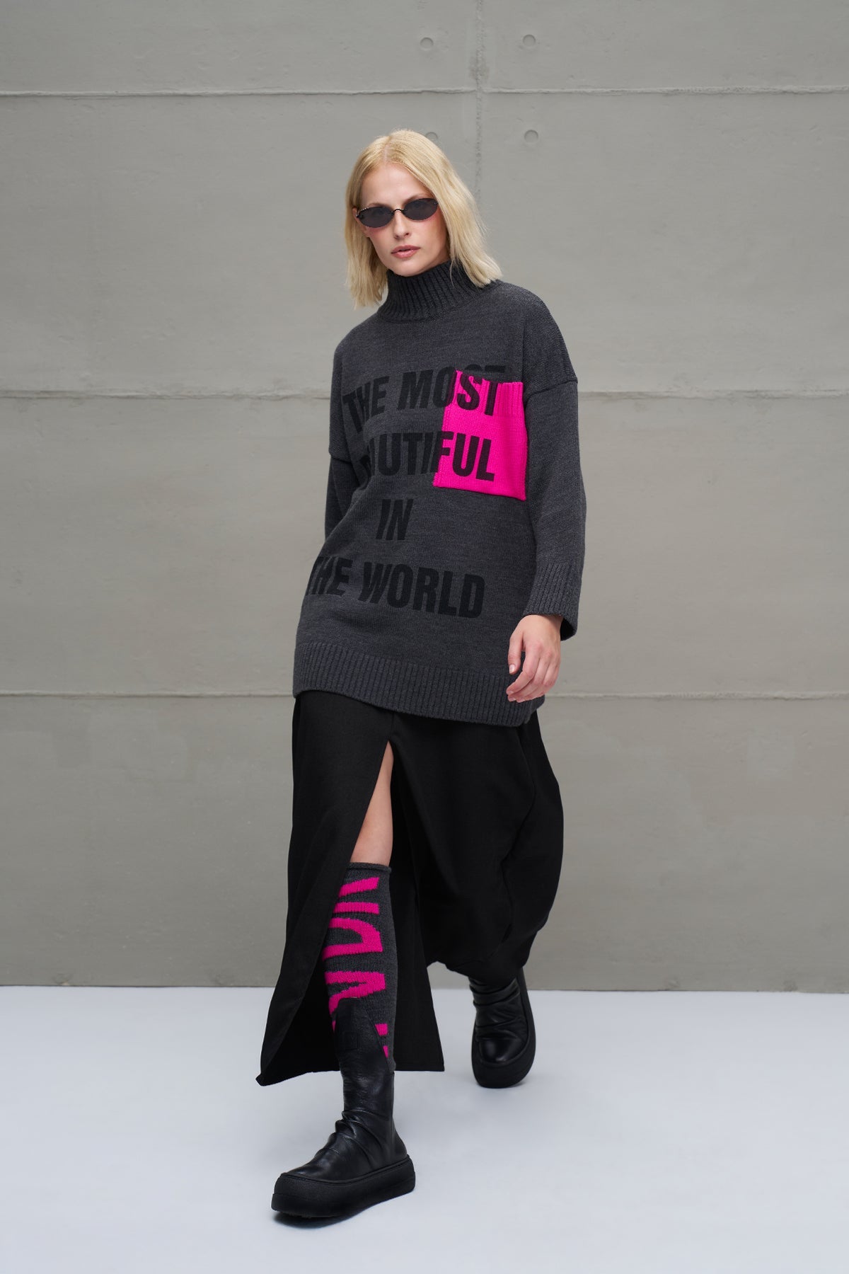 Anthracite Melange Slogan Oversized Knit Sweater 18075