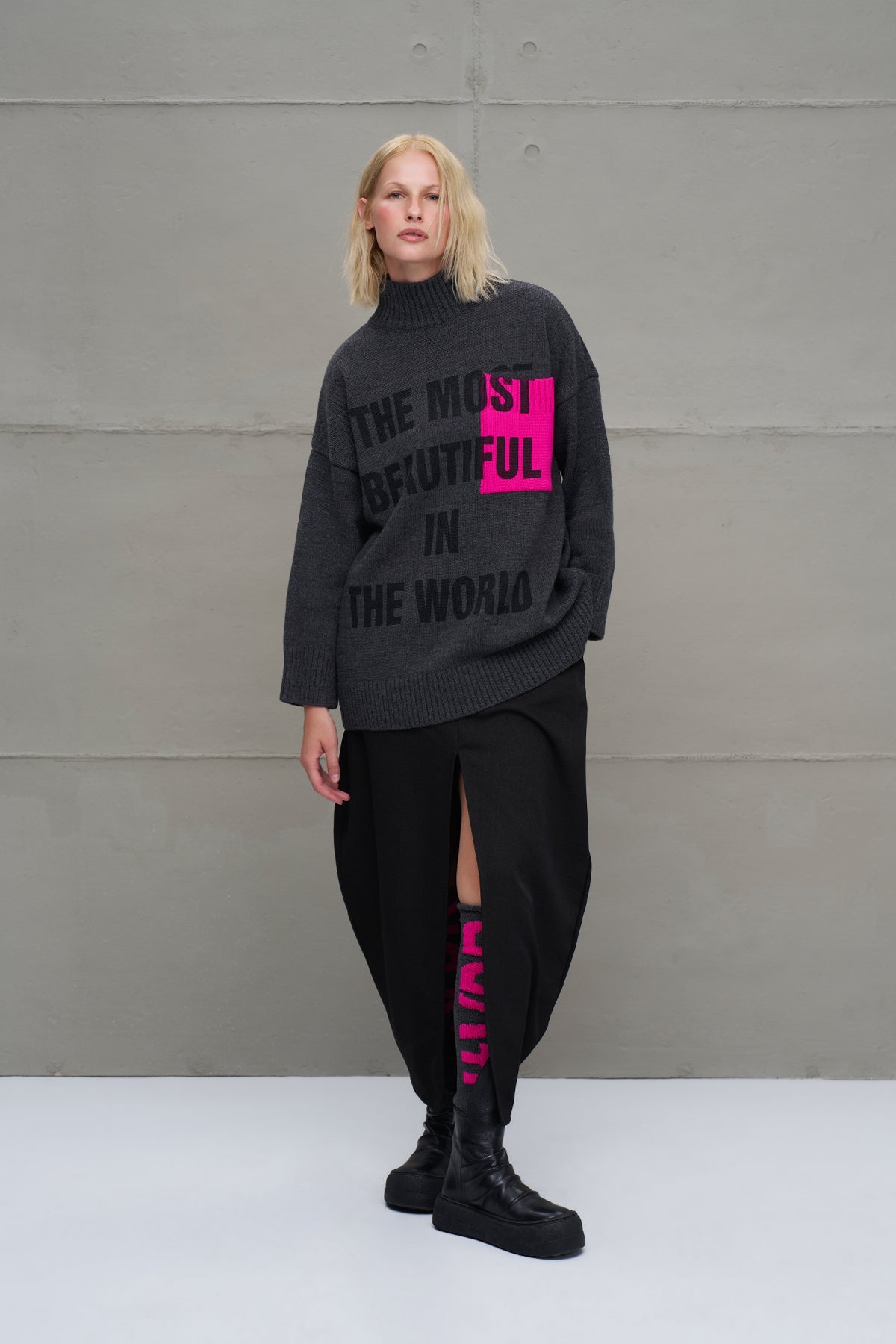 Anthracite Melange Slogan Oversized Knit Sweater 18075