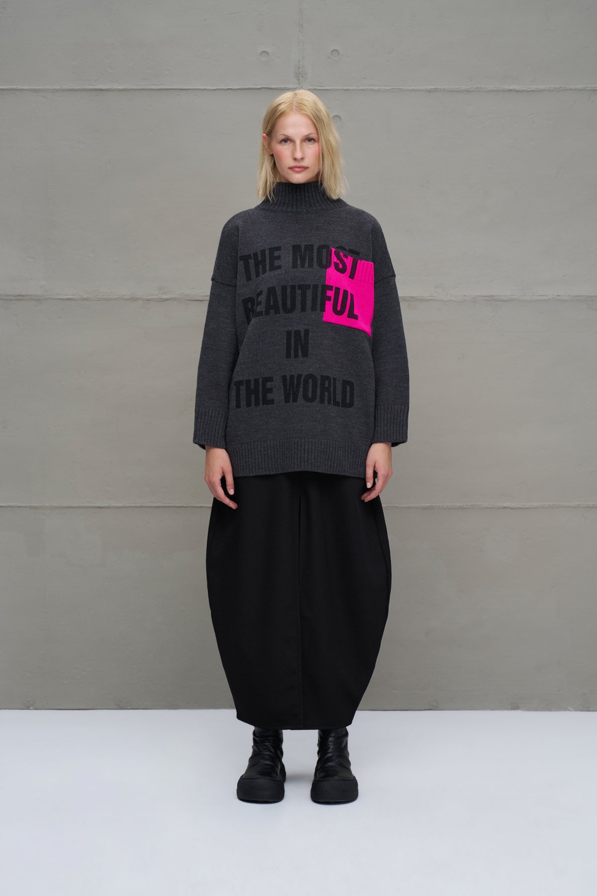 Anthracite Melange Slogan Oversized Knit Sweater 18075