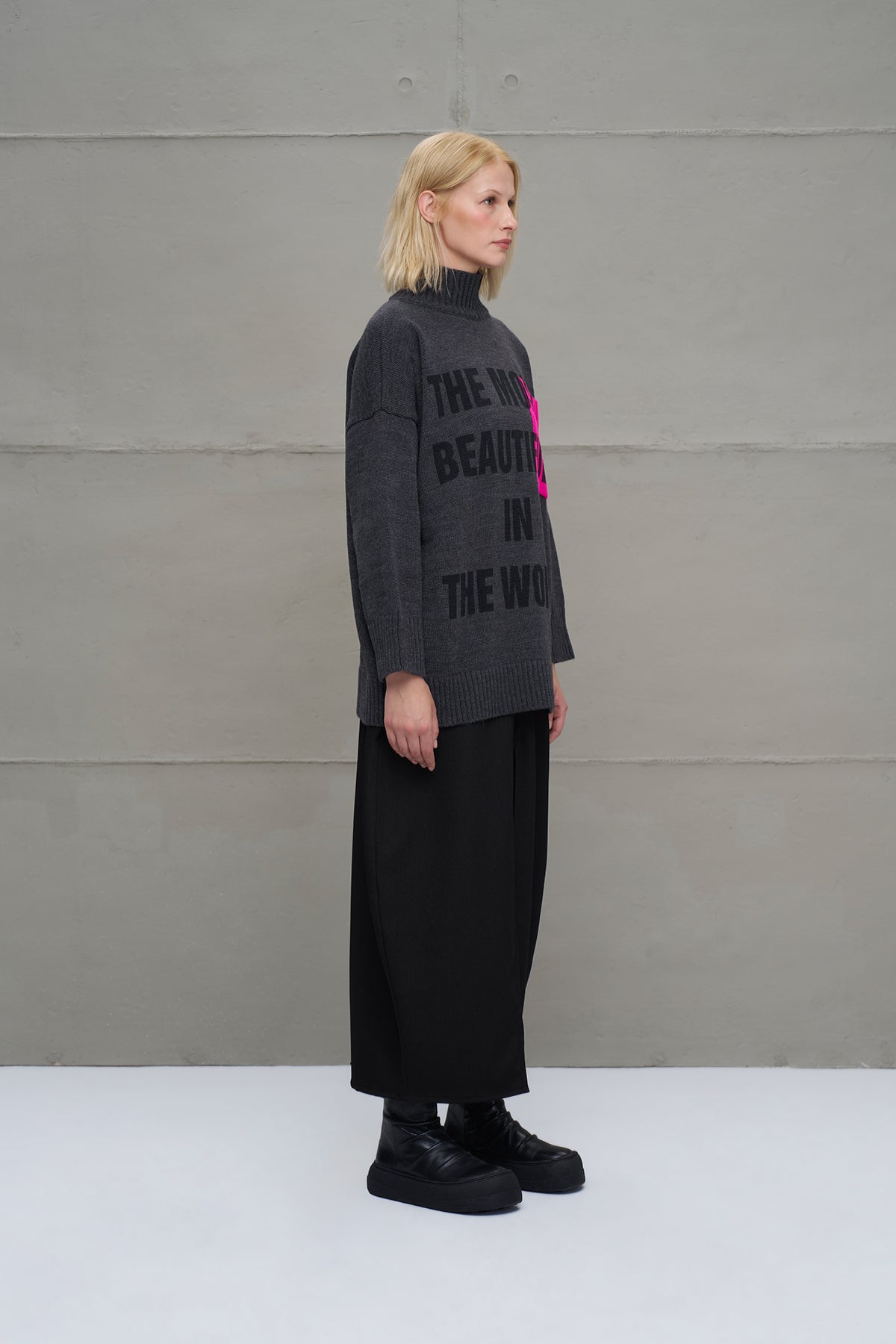 Anthracite Melange Slogan Oversized Knit Sweater 18075