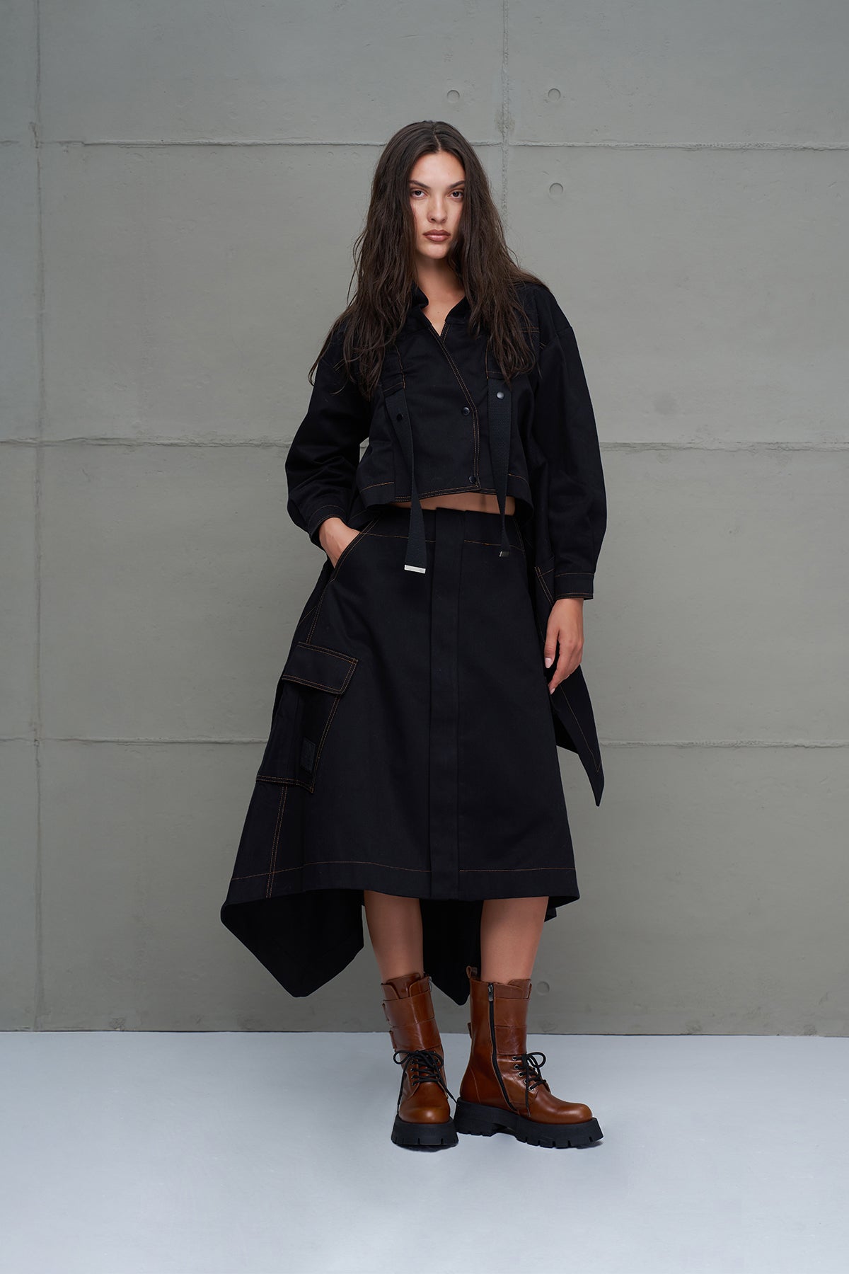 Black Asymmetric Flared Denim Midi Skirt 18079