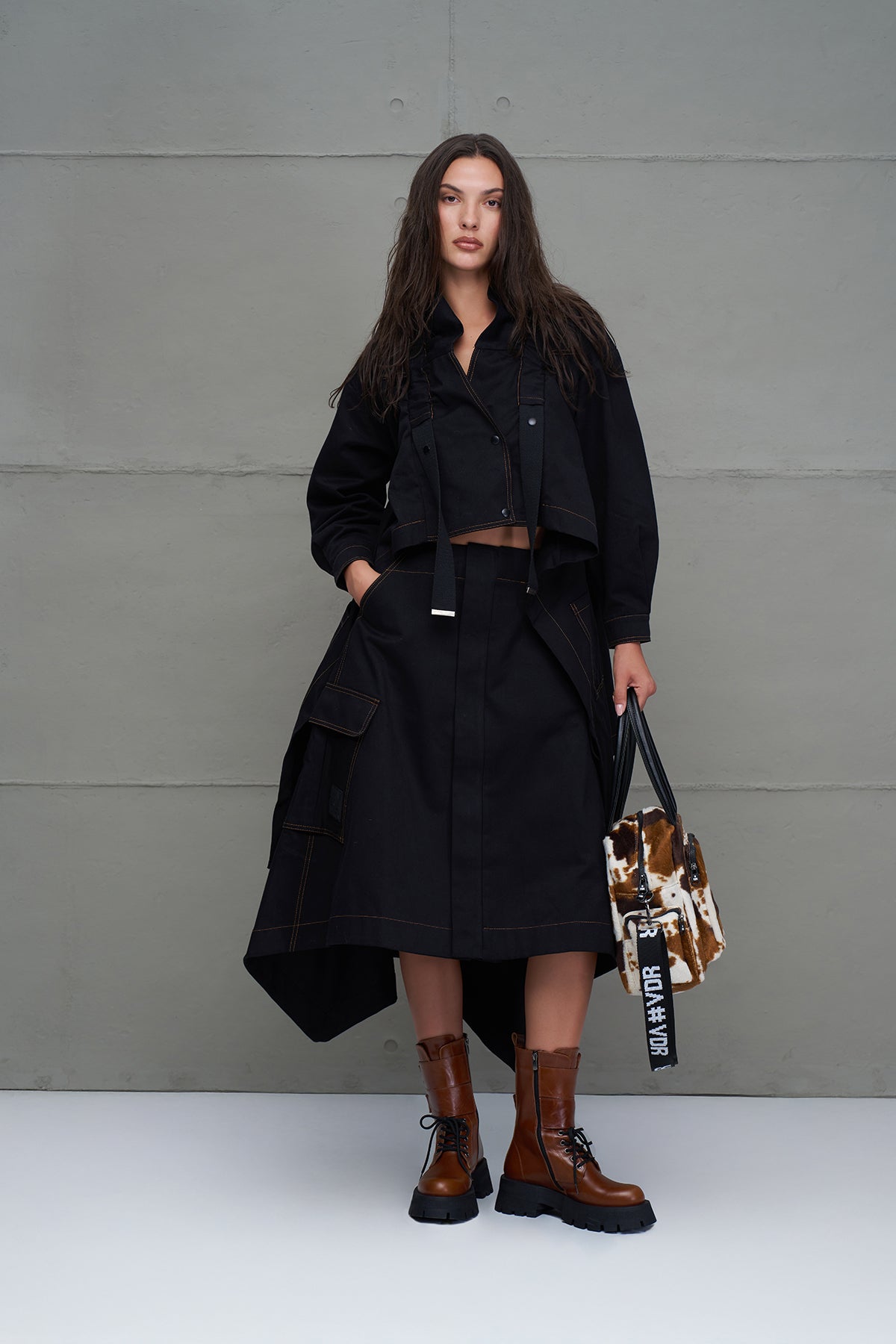 Black Asymmetric Flared Denim Midi Skirt 18079