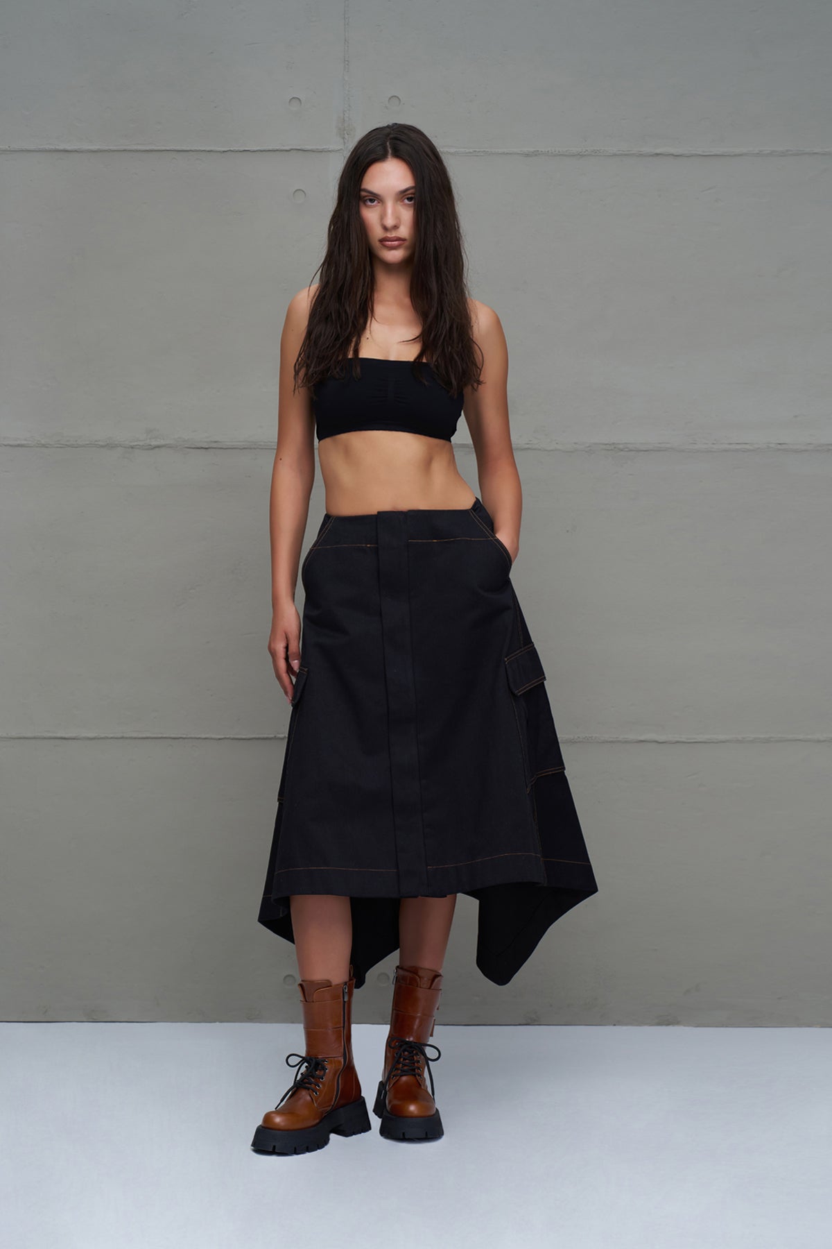 Black Asymmetric Flared Denim Midi Skirt 18079