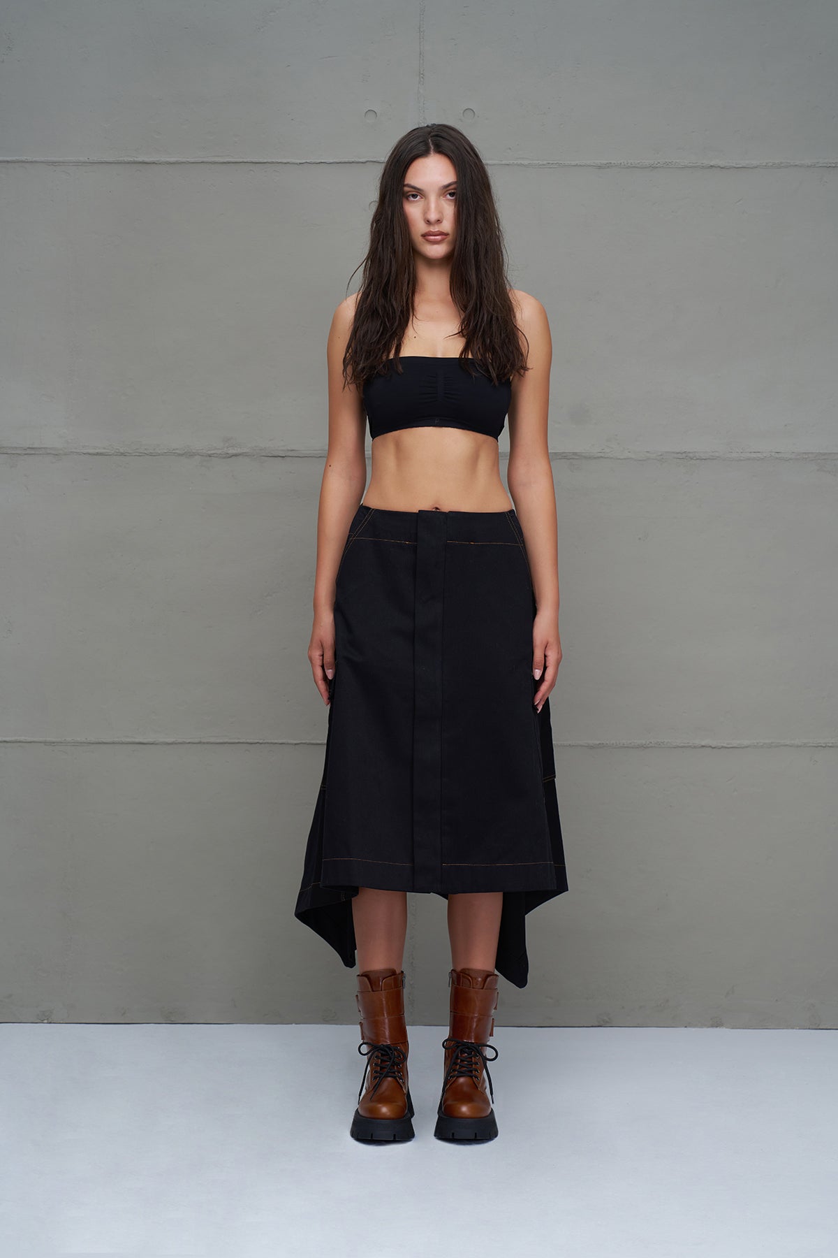 Black Asymmetric Flared Denim Midi Skirt 18079