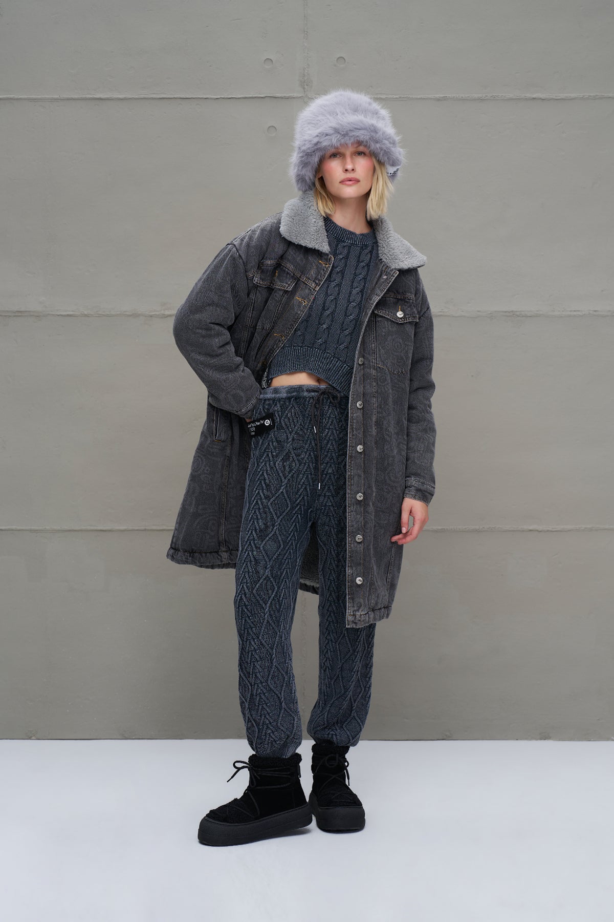 Anthracite Faux Fur Long Denim Coat 18098