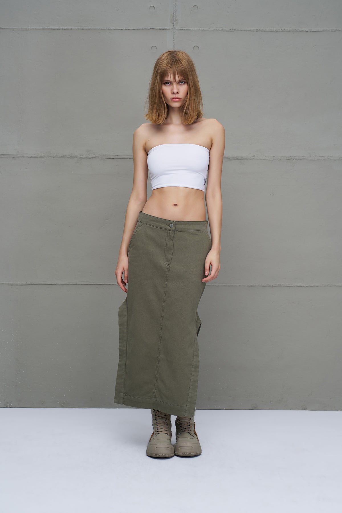 Khaki Slit Slim Fit Canvas Midi Skirt 18103