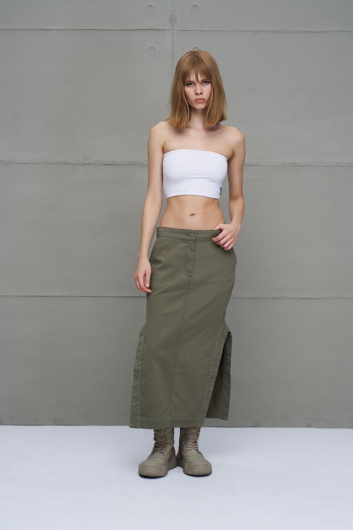 Khaki Slit Slim Fit Canvas Midi Skirt 18103