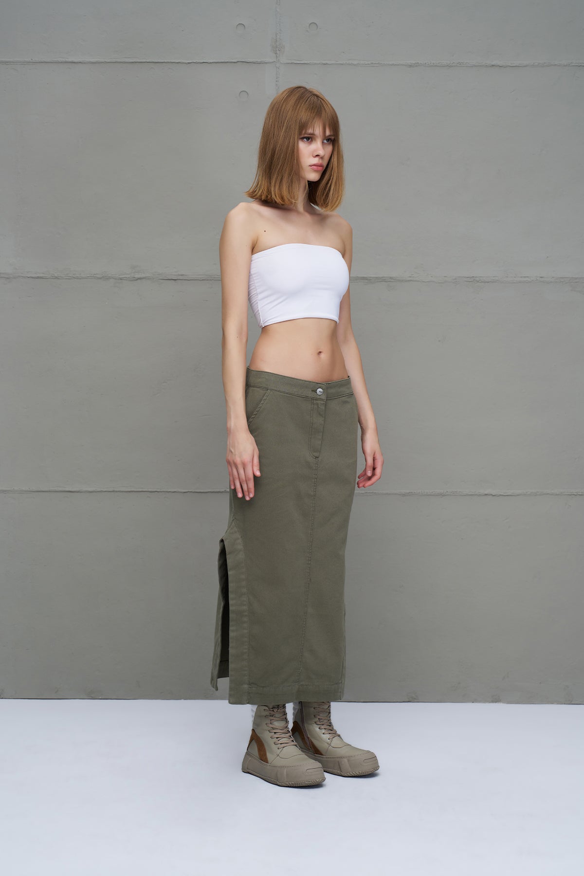 Khaki Slit Slim Fit Canvas Midi Skirt 18103