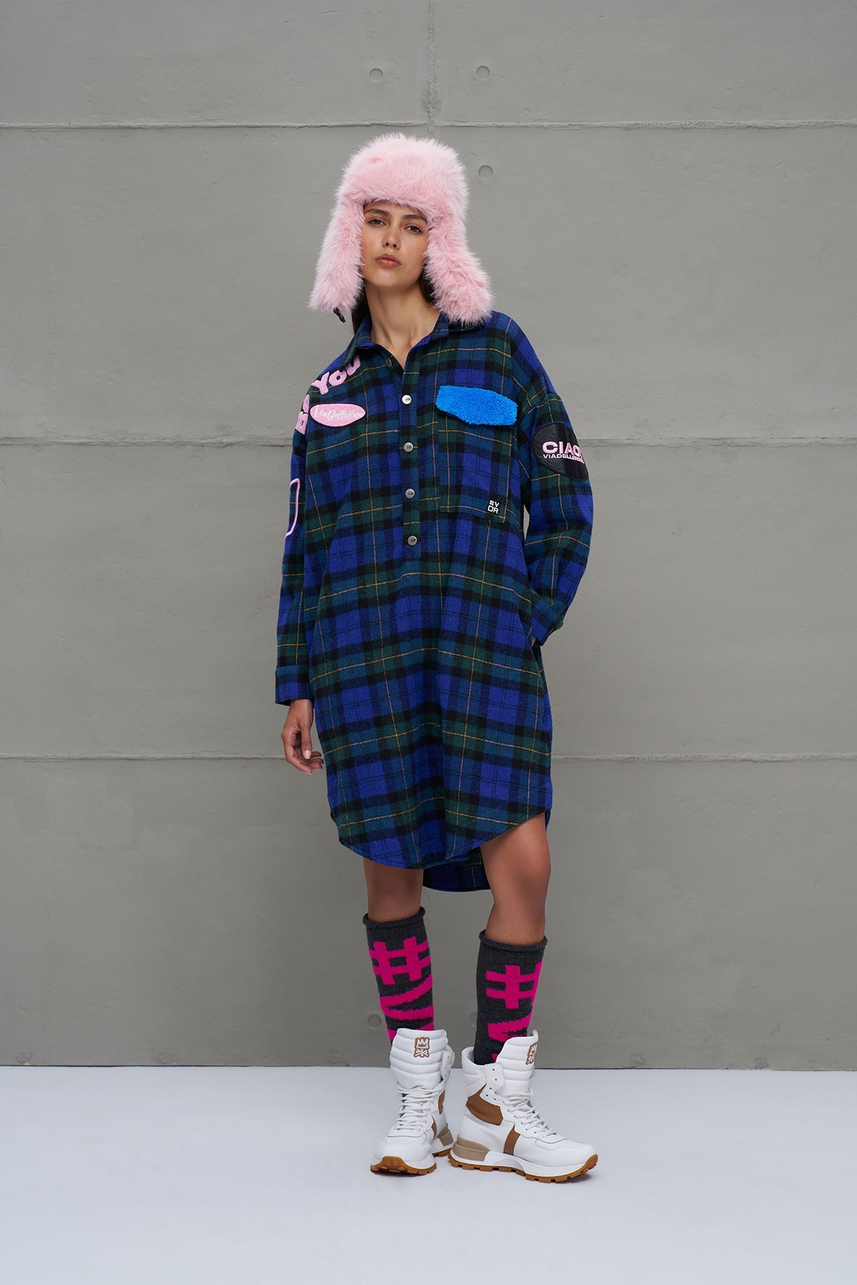 Royal Black Plaid Oversized Long Shirt 18114