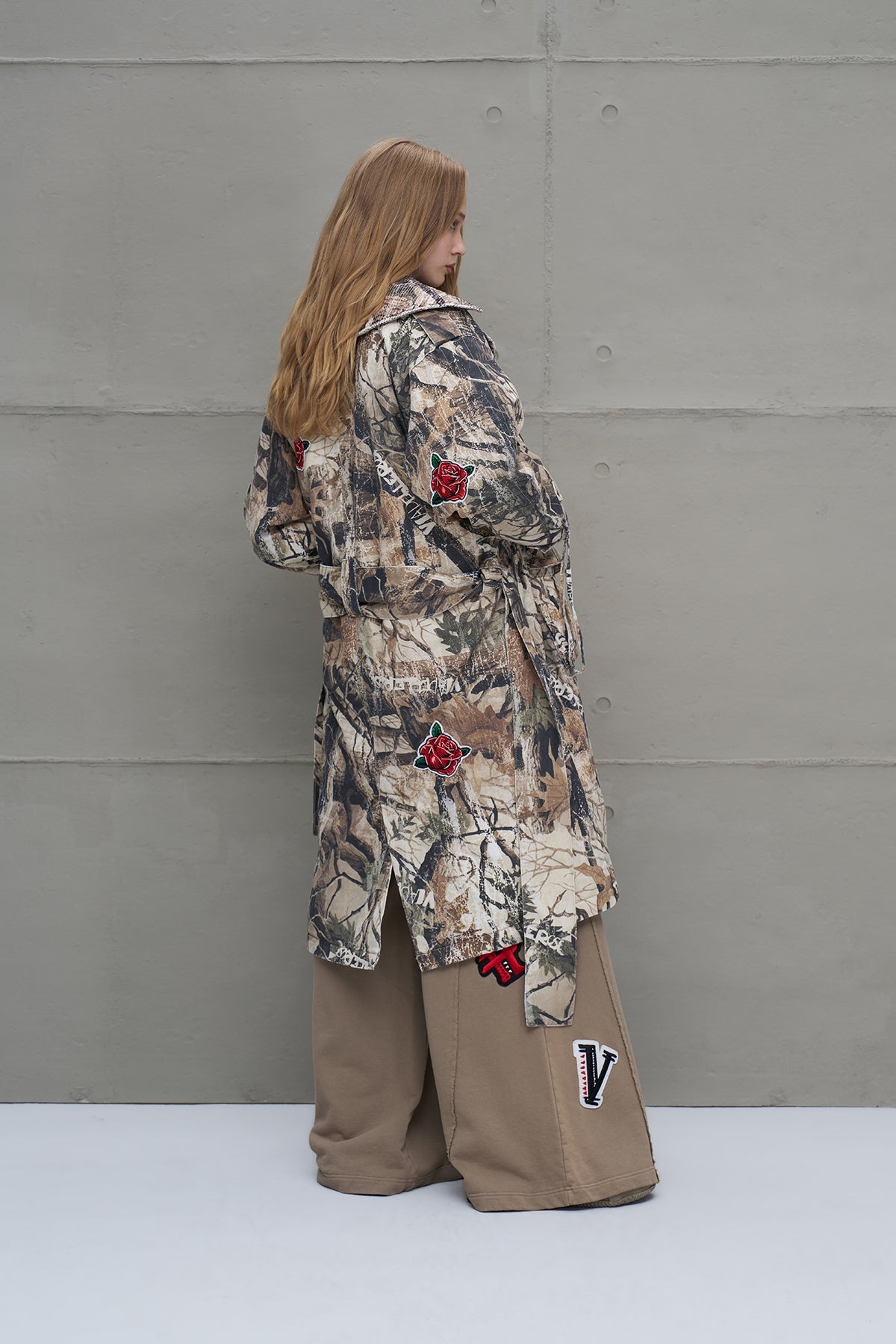 Beige Belted Patterned Oversized Long Coat 18130