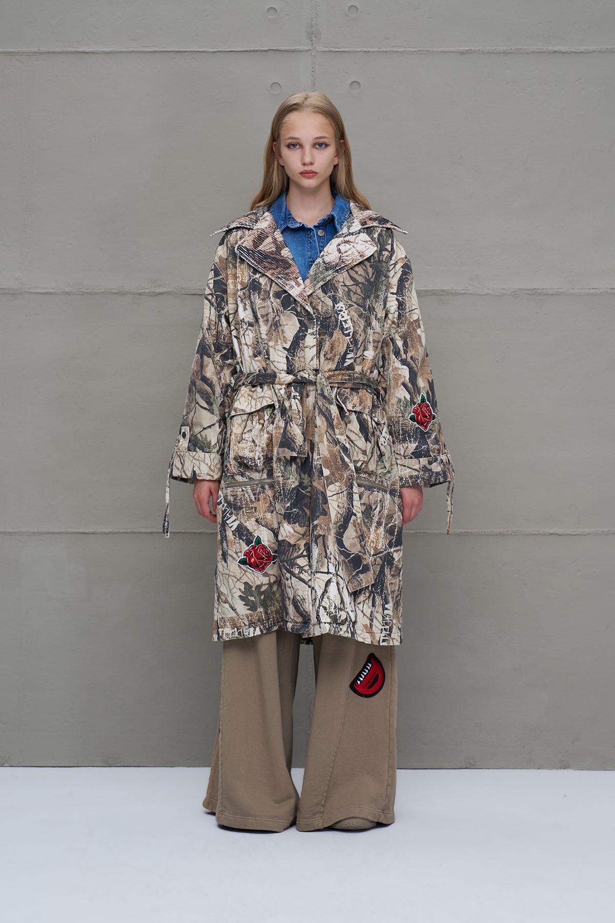 Beige Belted Patterned Oversized Long Coat 18130