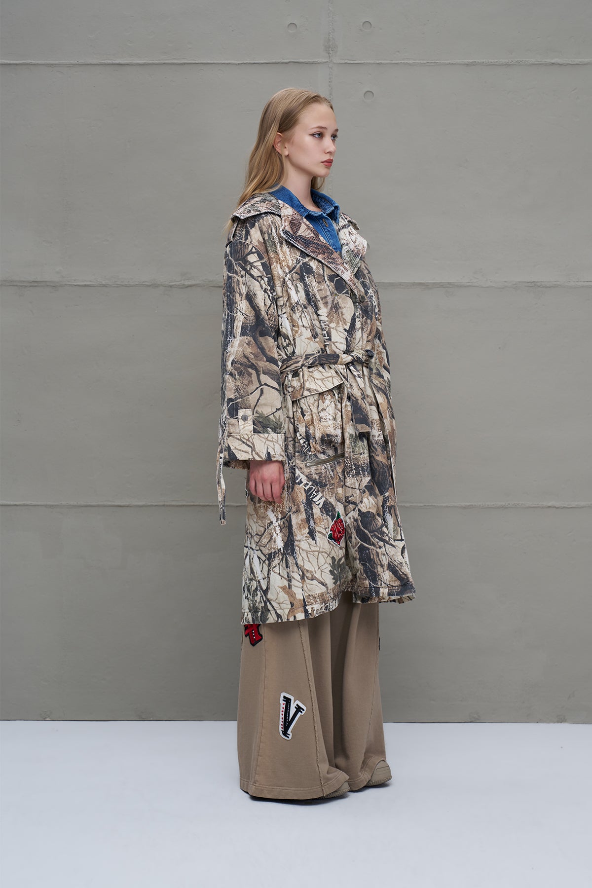 Beige Belted Patterned Oversized Long Coat 18130