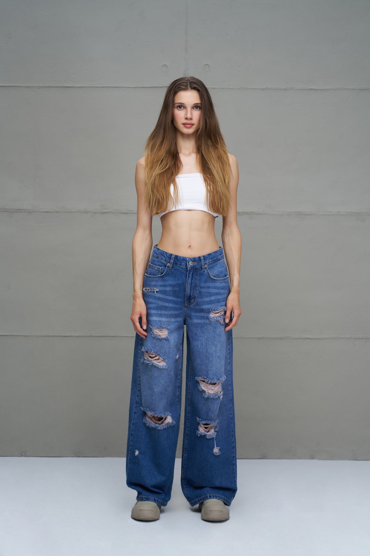 Blue Distressed Oversized Denim Trousers 18132