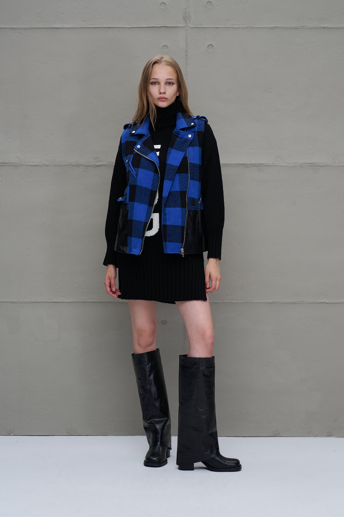 Blue Black Faux Leather Plaid Vest 18134