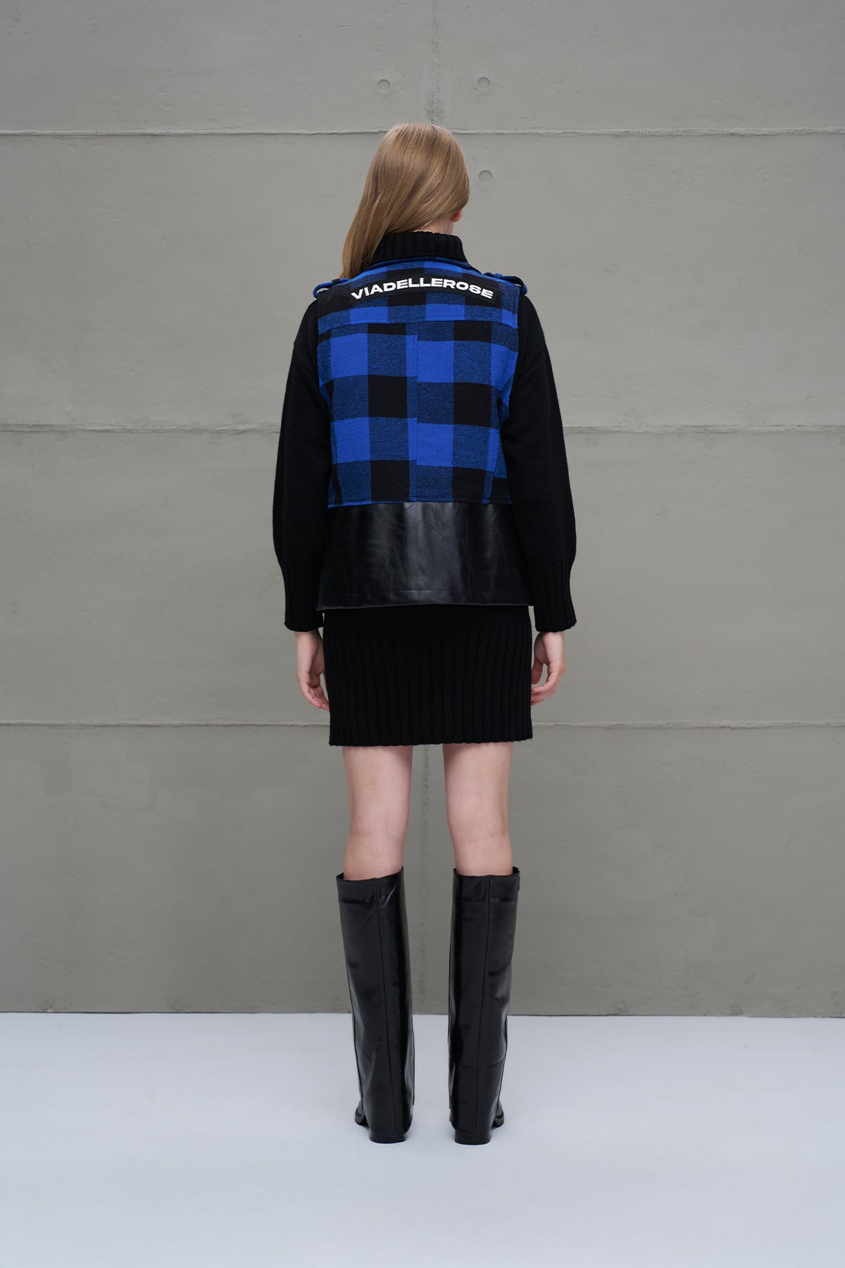 Blue Black Faux Leather Plaid Vest 18134