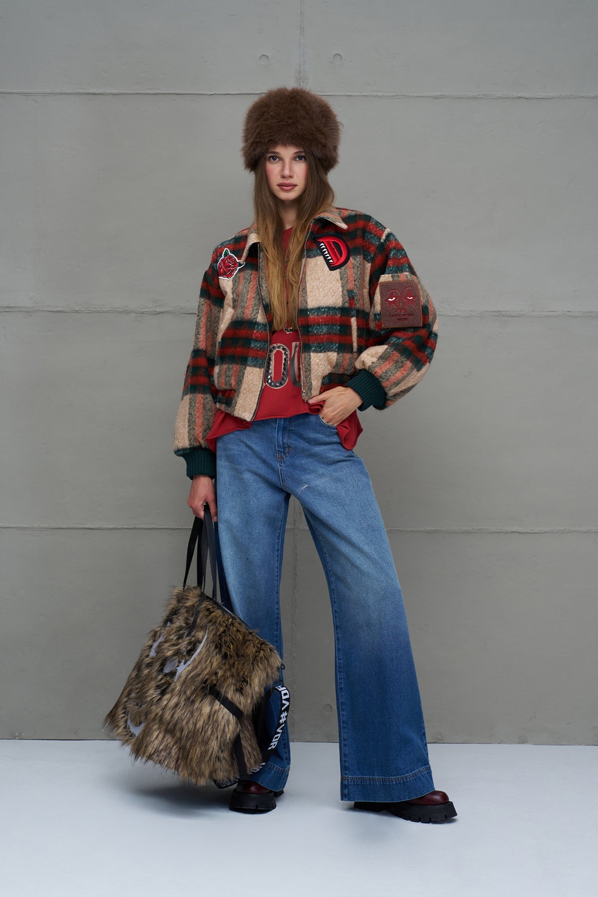 Beige Plaid Bomber Bomber Jacket 18142