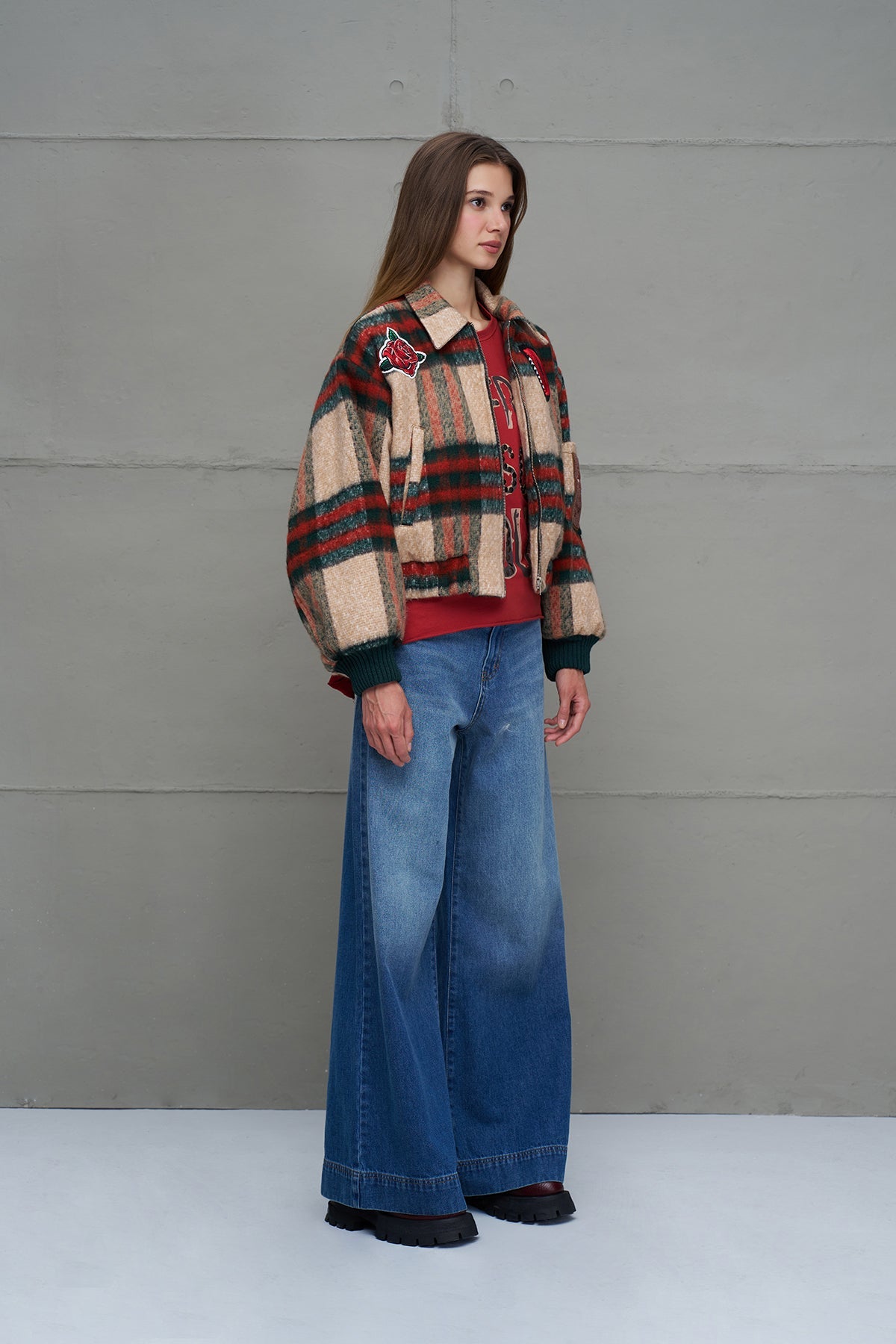 Beige Plaid Bomber Bomber Jacket 18142