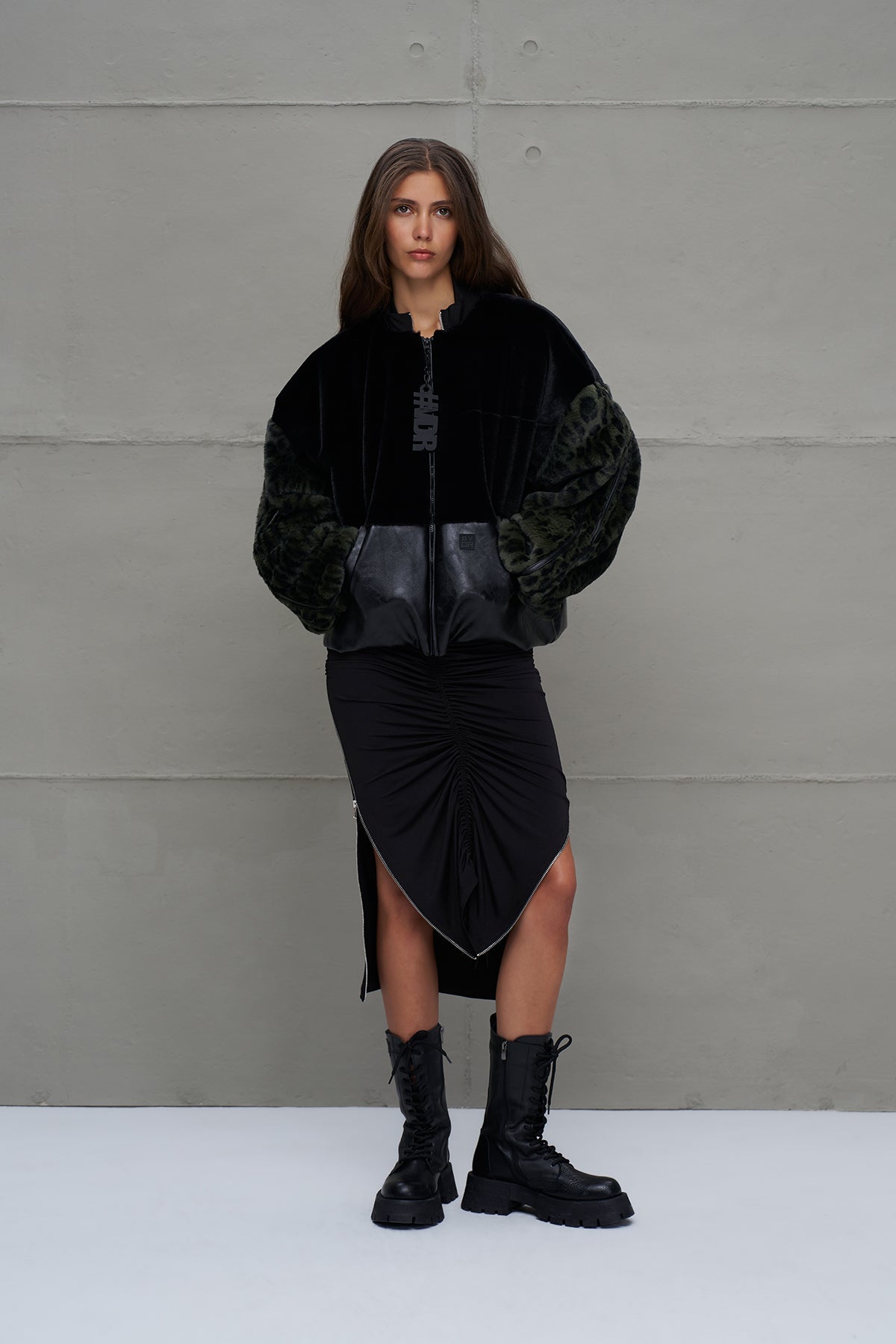 Black Green Faux Leather And Faux Fur Bomber Jacket 18143