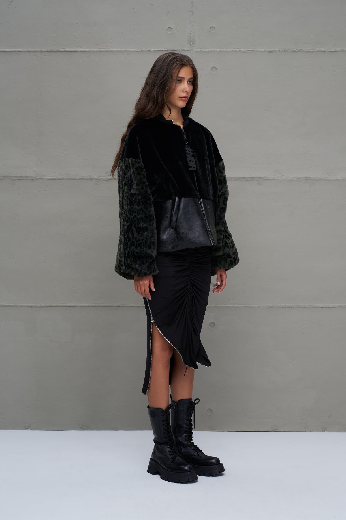 Black Green Faux Leather And Faux Fur Bomber Jacket 18143