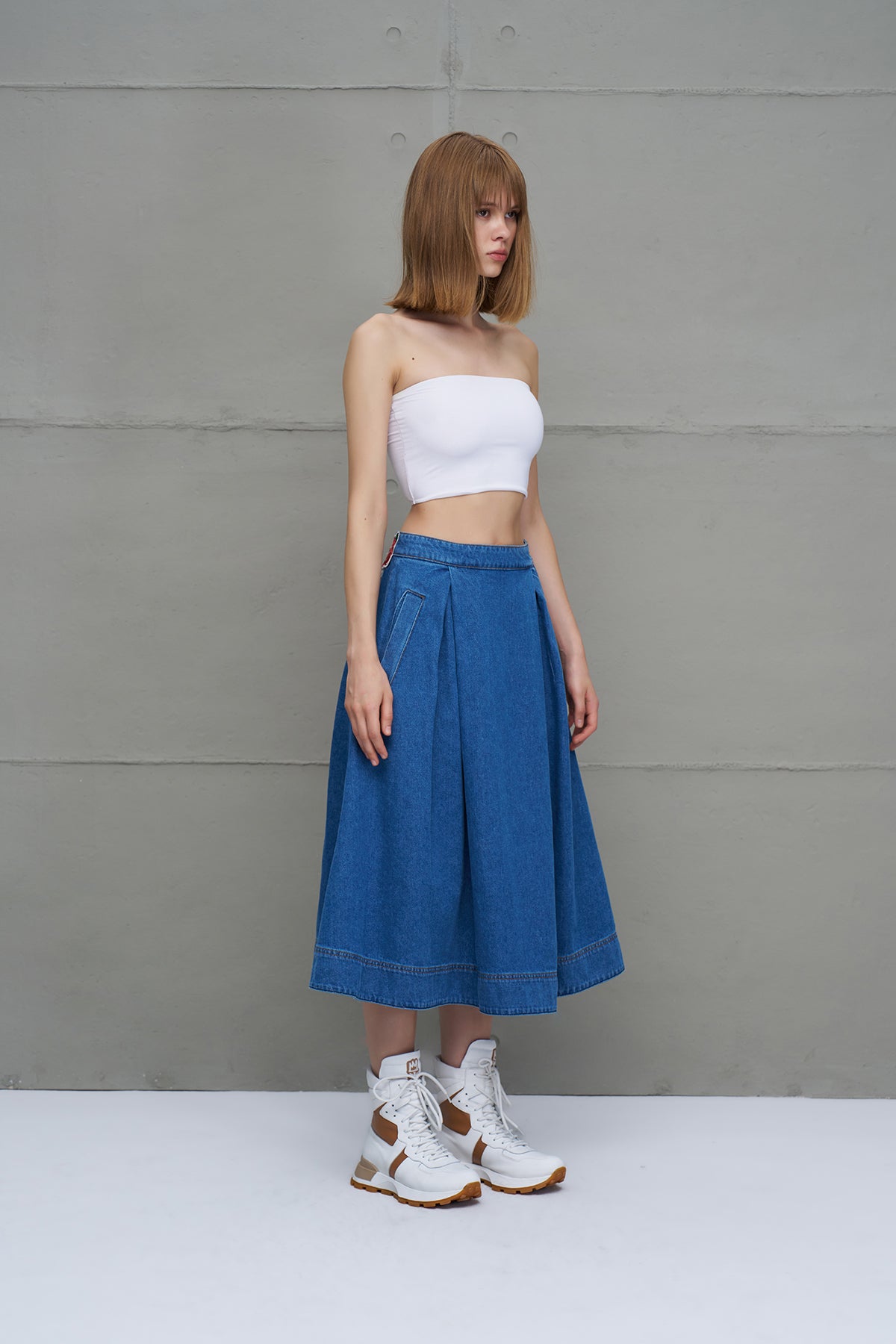 Blue Pleated Denim Midi Skirt 18147