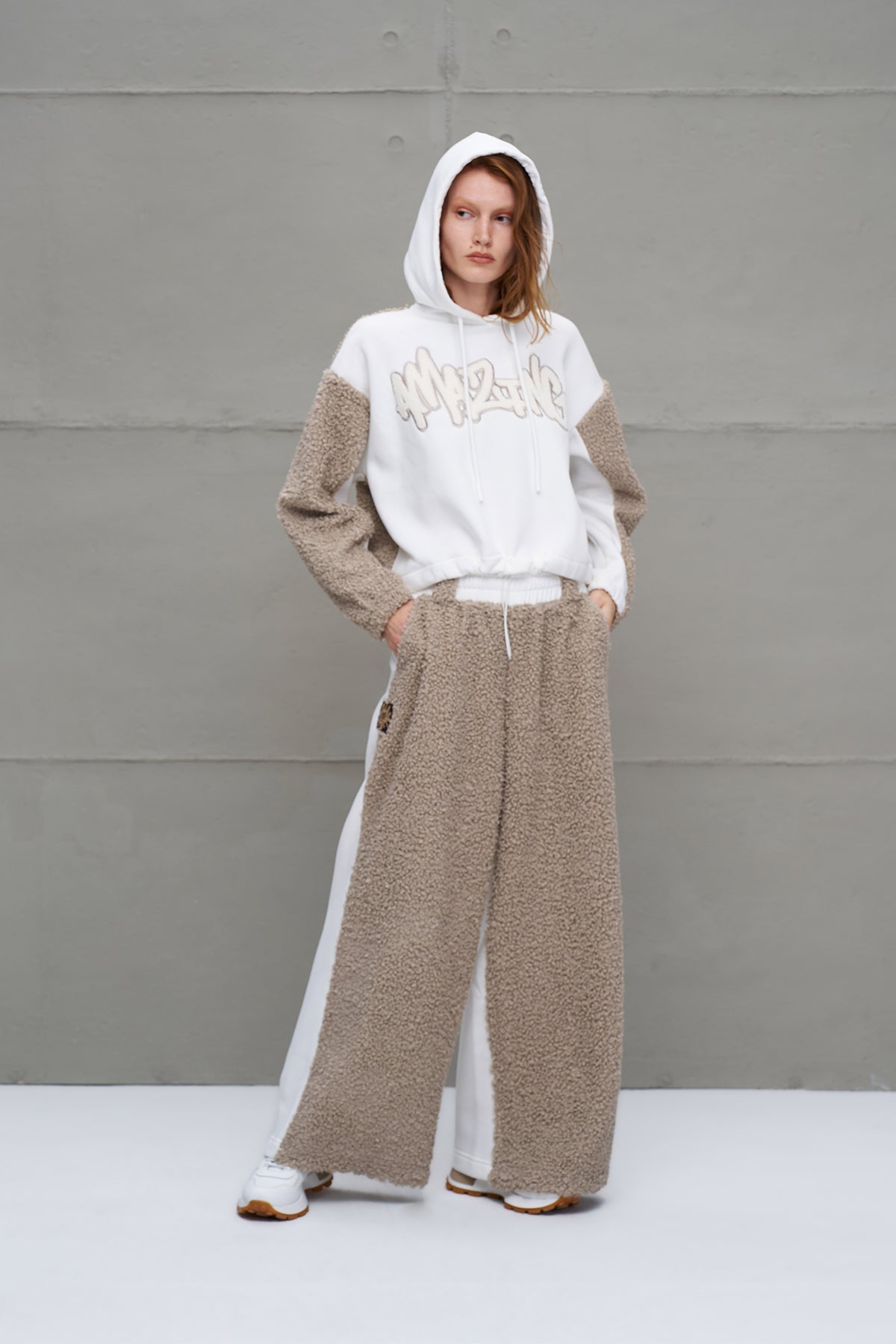 Off White Beige Faux Fur Oversized Trousers 18153