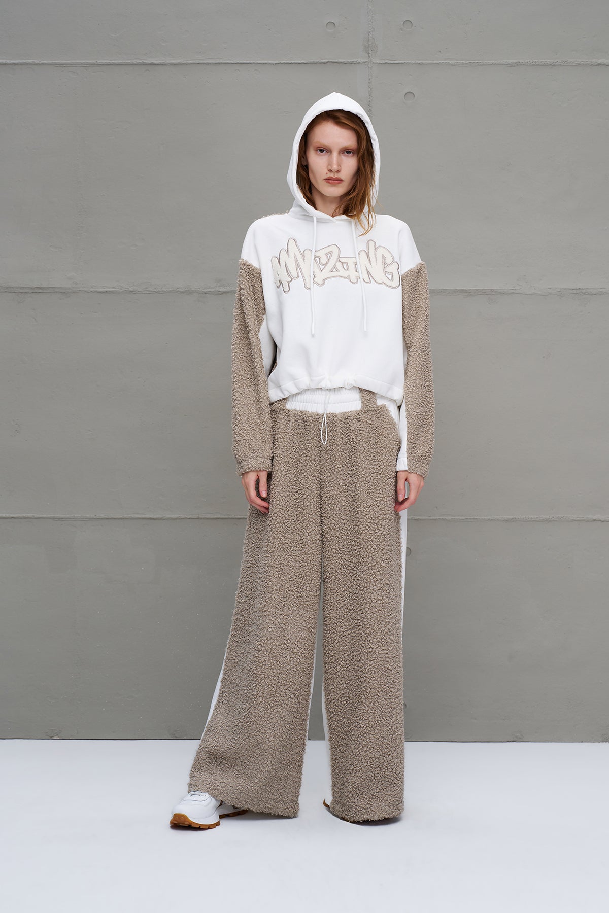 Off White Beige Faux Fur Oversized Trousers 18153