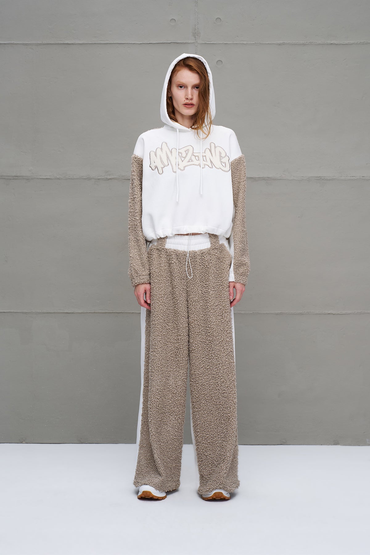 Off White Beige Faux Fur Oversized Trousers 18153