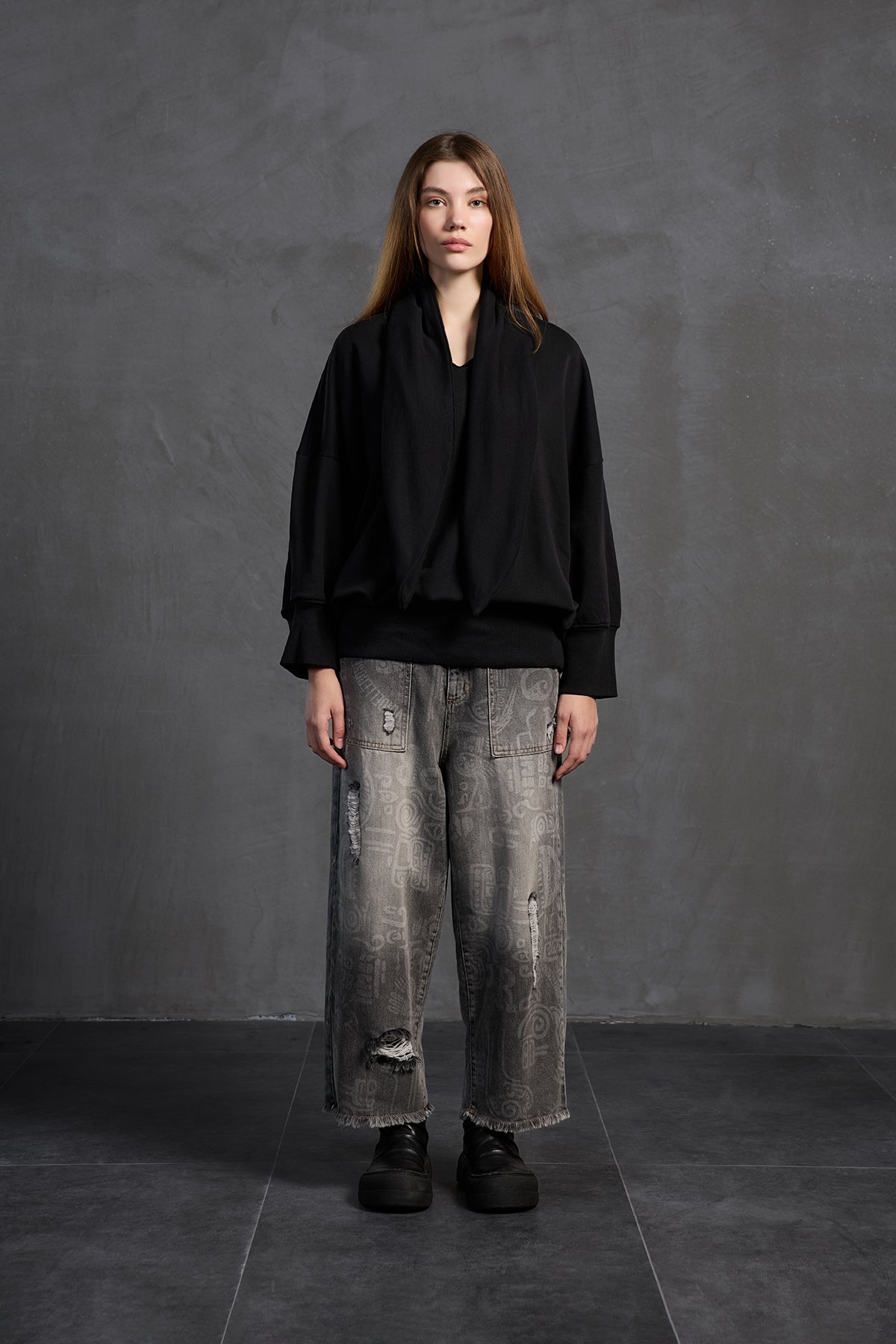 Black Shawl-detail Oversize Sweatshirt 18162