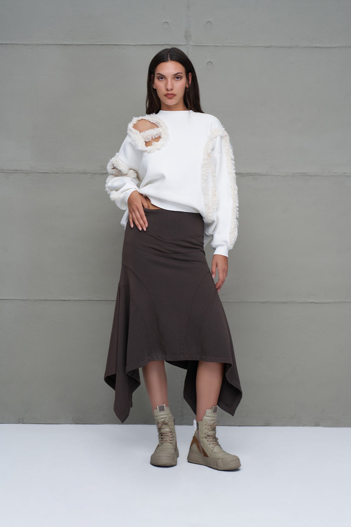 Brown Asymmetric Cut Midi Skirt 18167