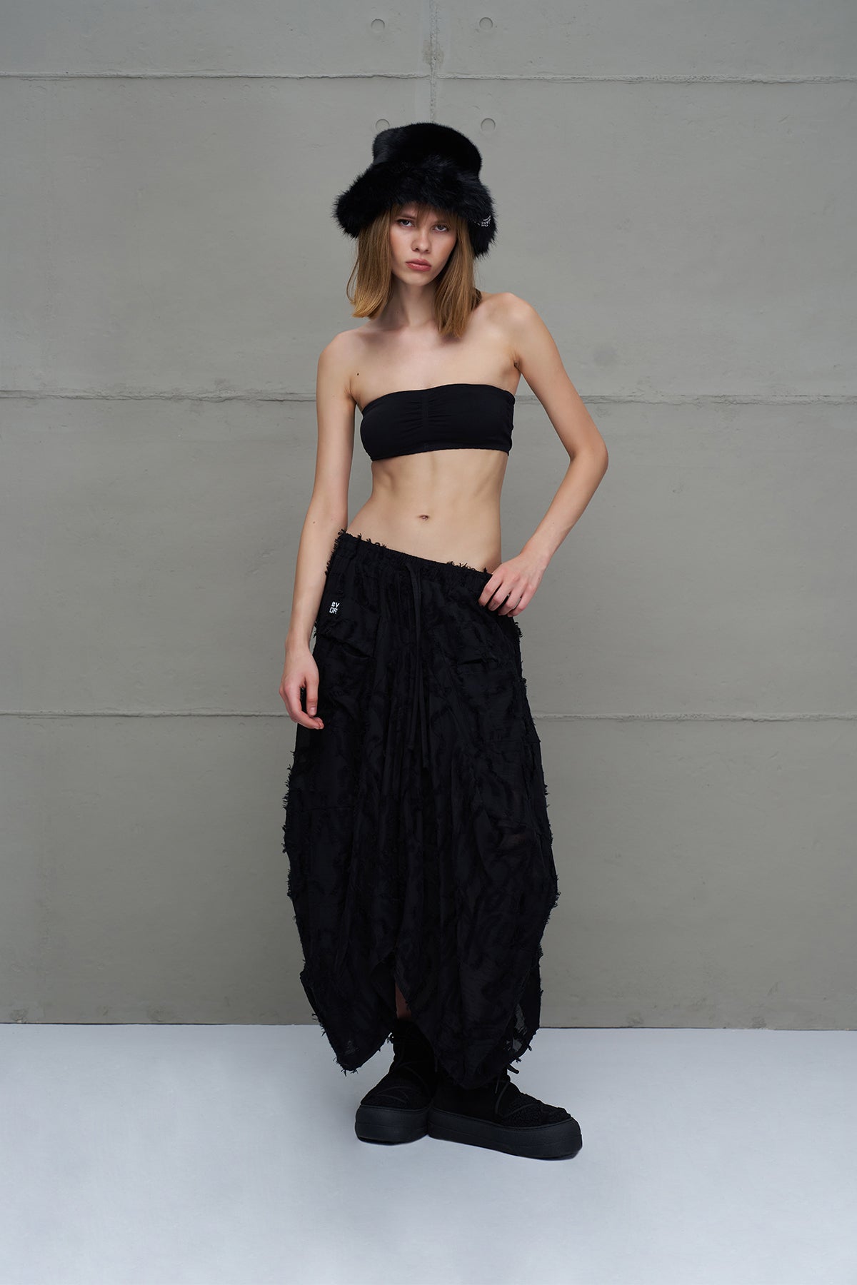 Black Semi-sheer Tassel Midi Skirt 18170
