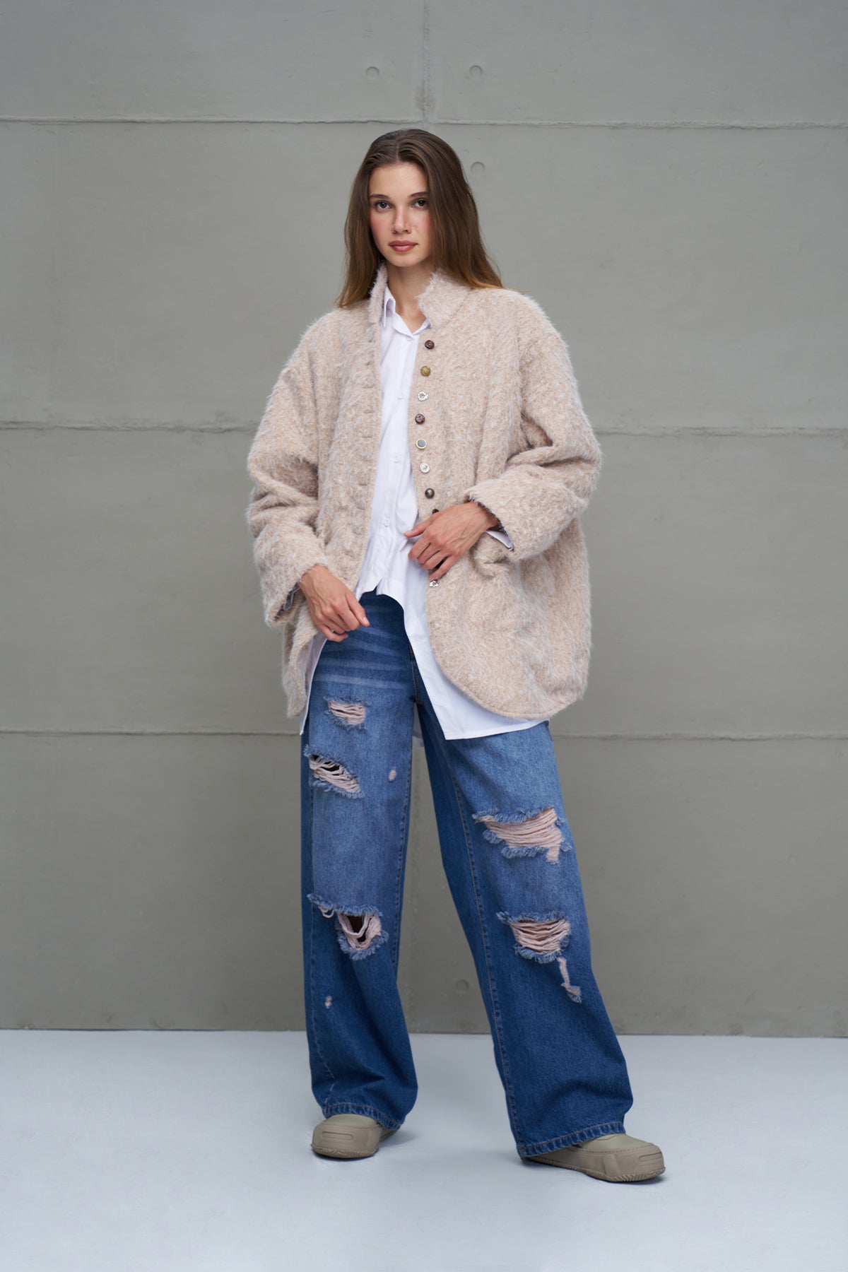 Beige Faux Fur Oversized Jacket 18187