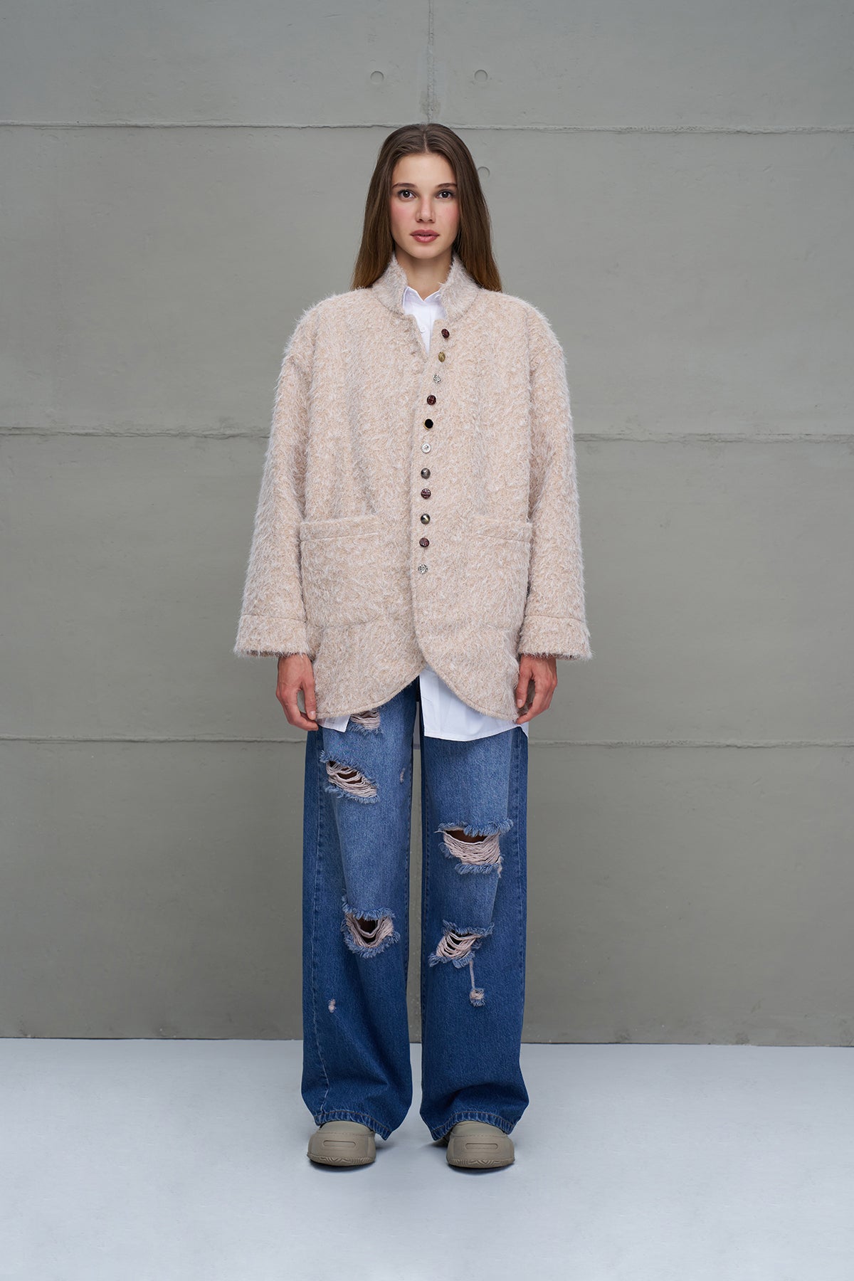 Beige Faux Fur Oversized Jacket 18187