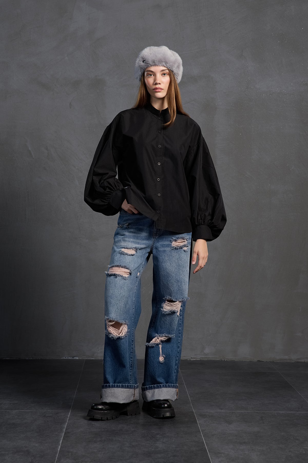 Black Balloon Sleeve Oversize Poplin Shirt 18195
