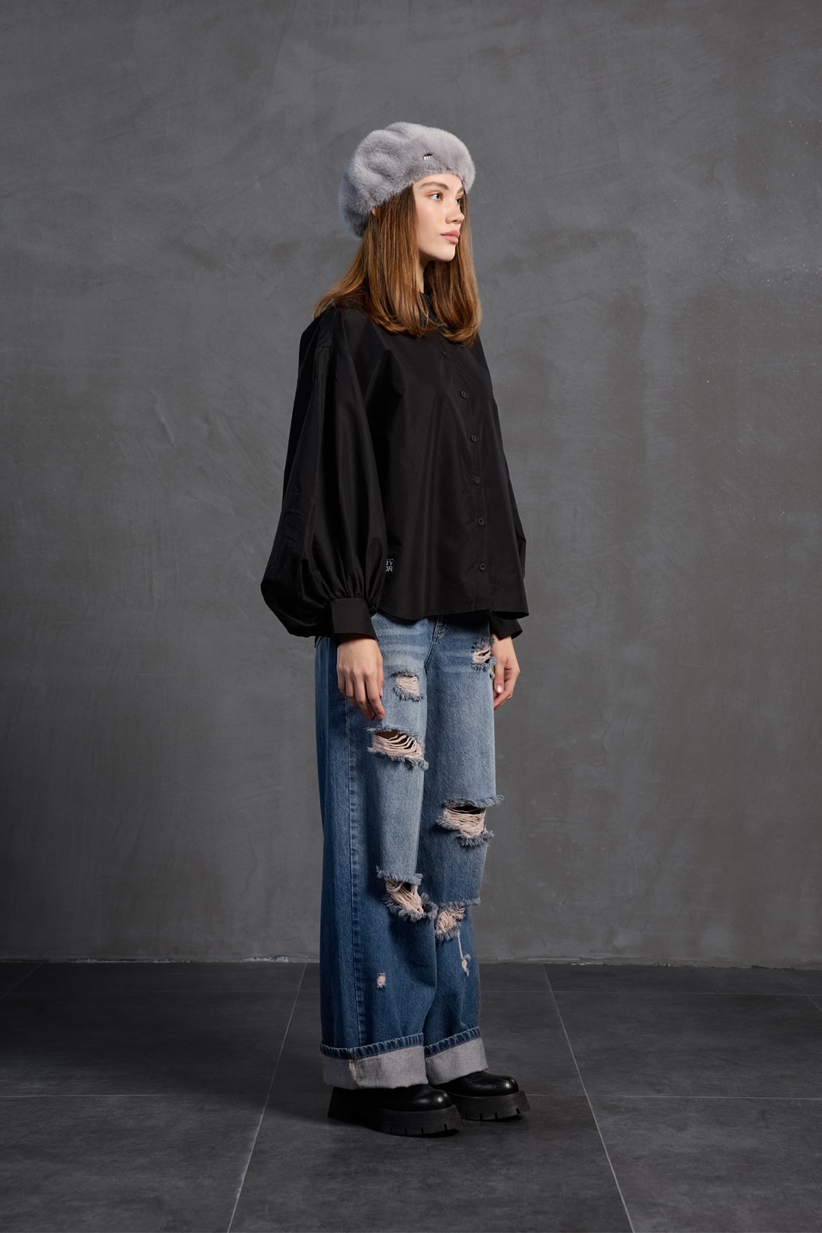 Black Balloon Sleeve Oversize Poplin Shirt 18195