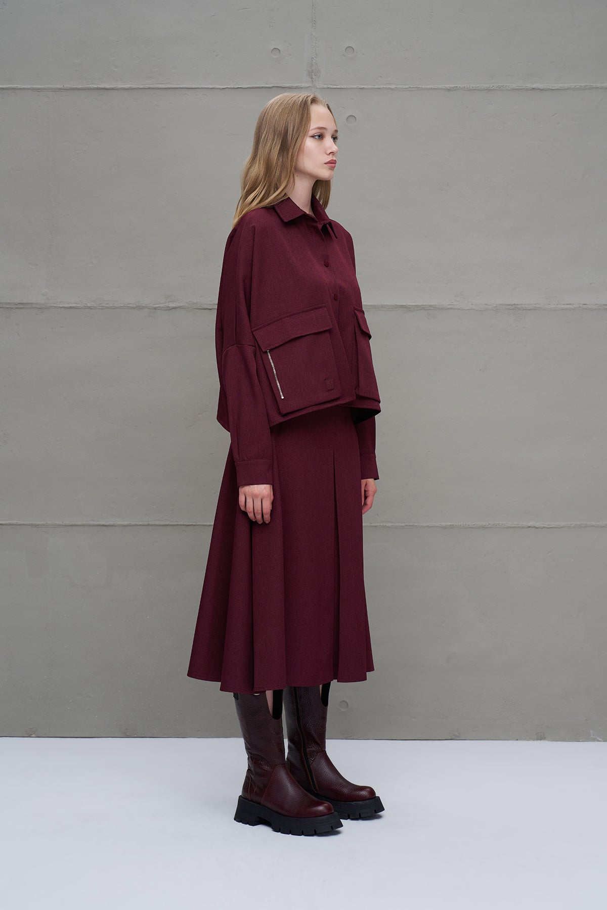 Burgundy Pleated Midi Skirt 18198