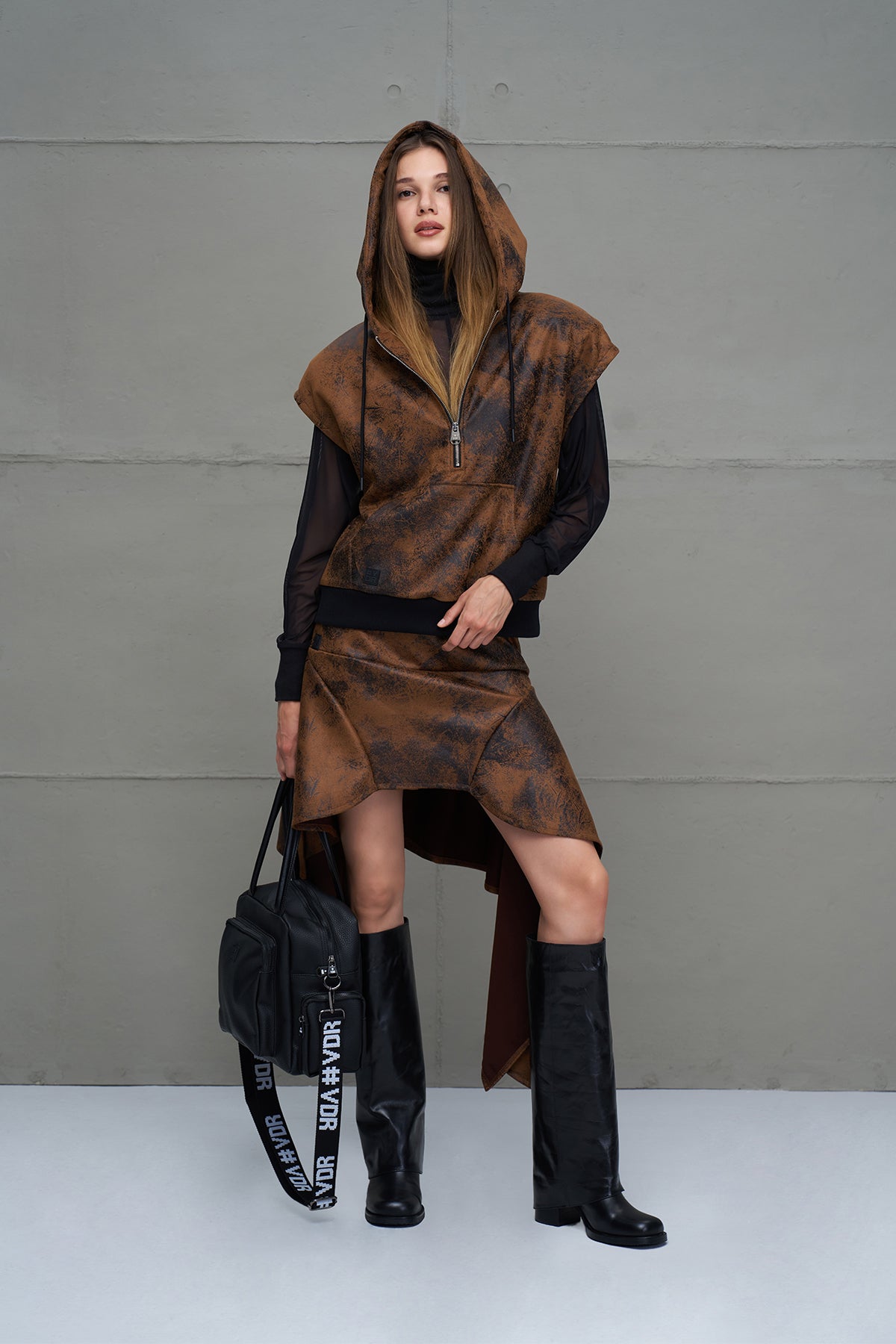 Camel Black Distressed Leather Look Asymmetric Skirt 18226