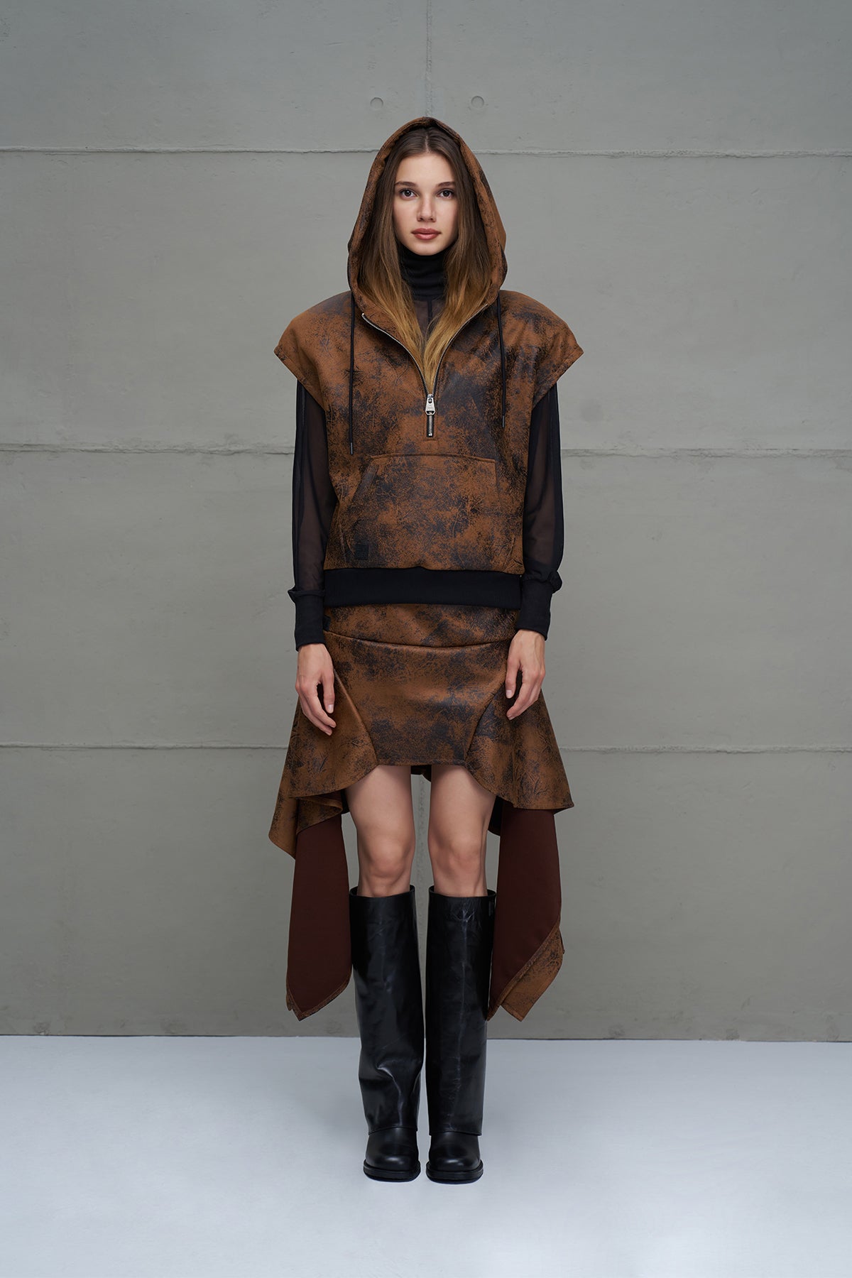 Camel Black Distressed Leather Look Sleeveless Sweatshirt 18227