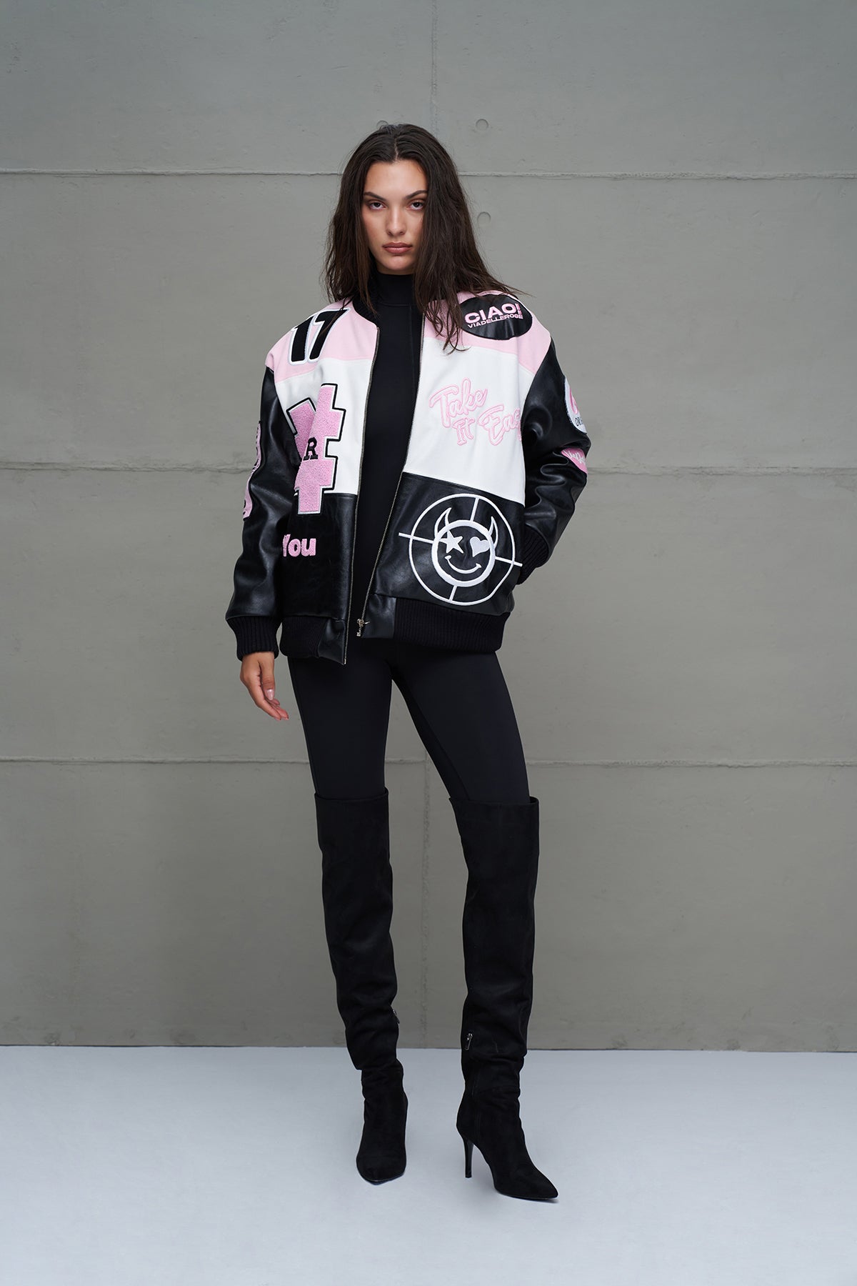 Black Pink White Oversize Pilot Bomber Jacket 18235