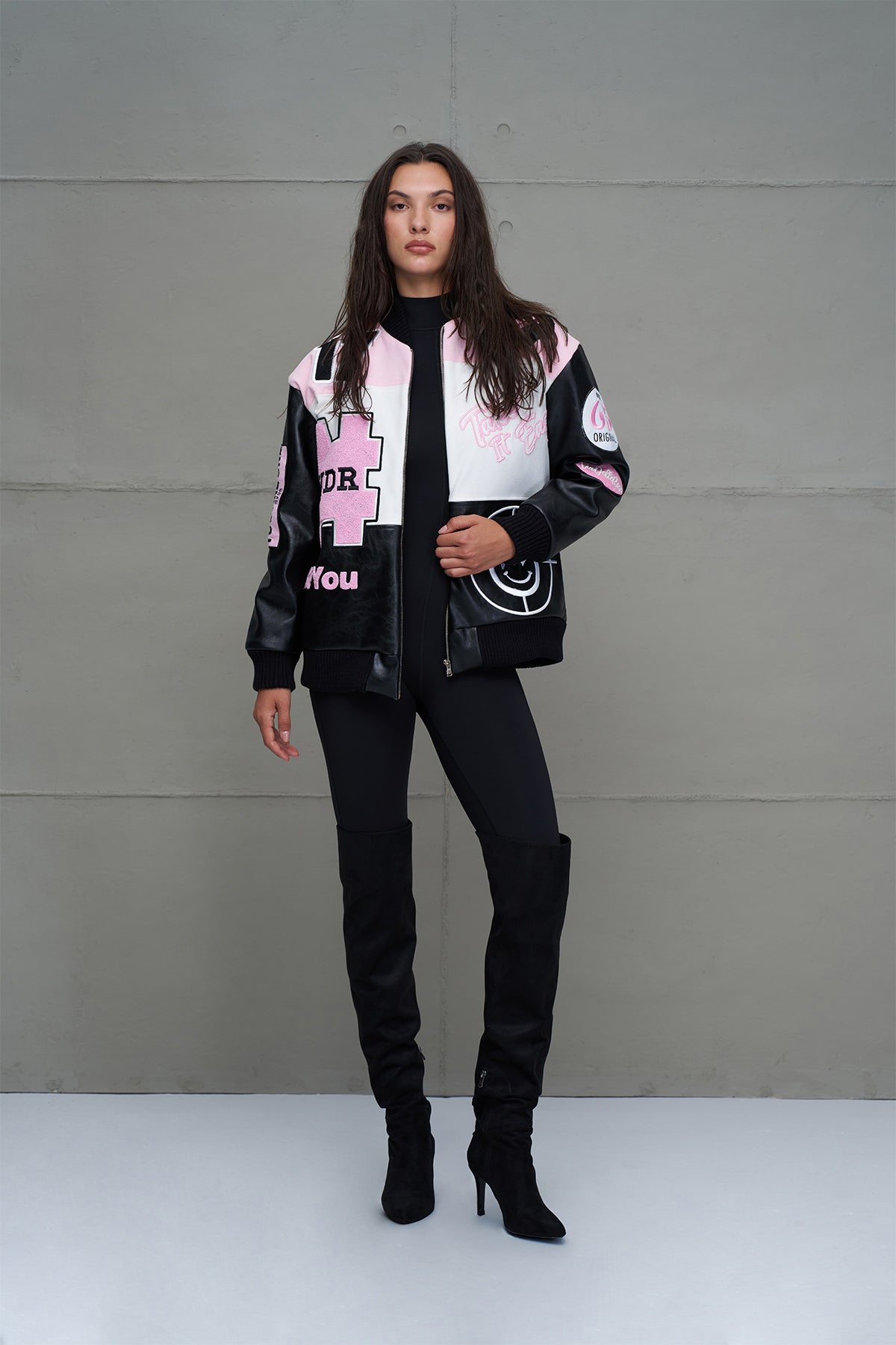 Black Pink White Oversize Pilot Bomber Jacket 18235