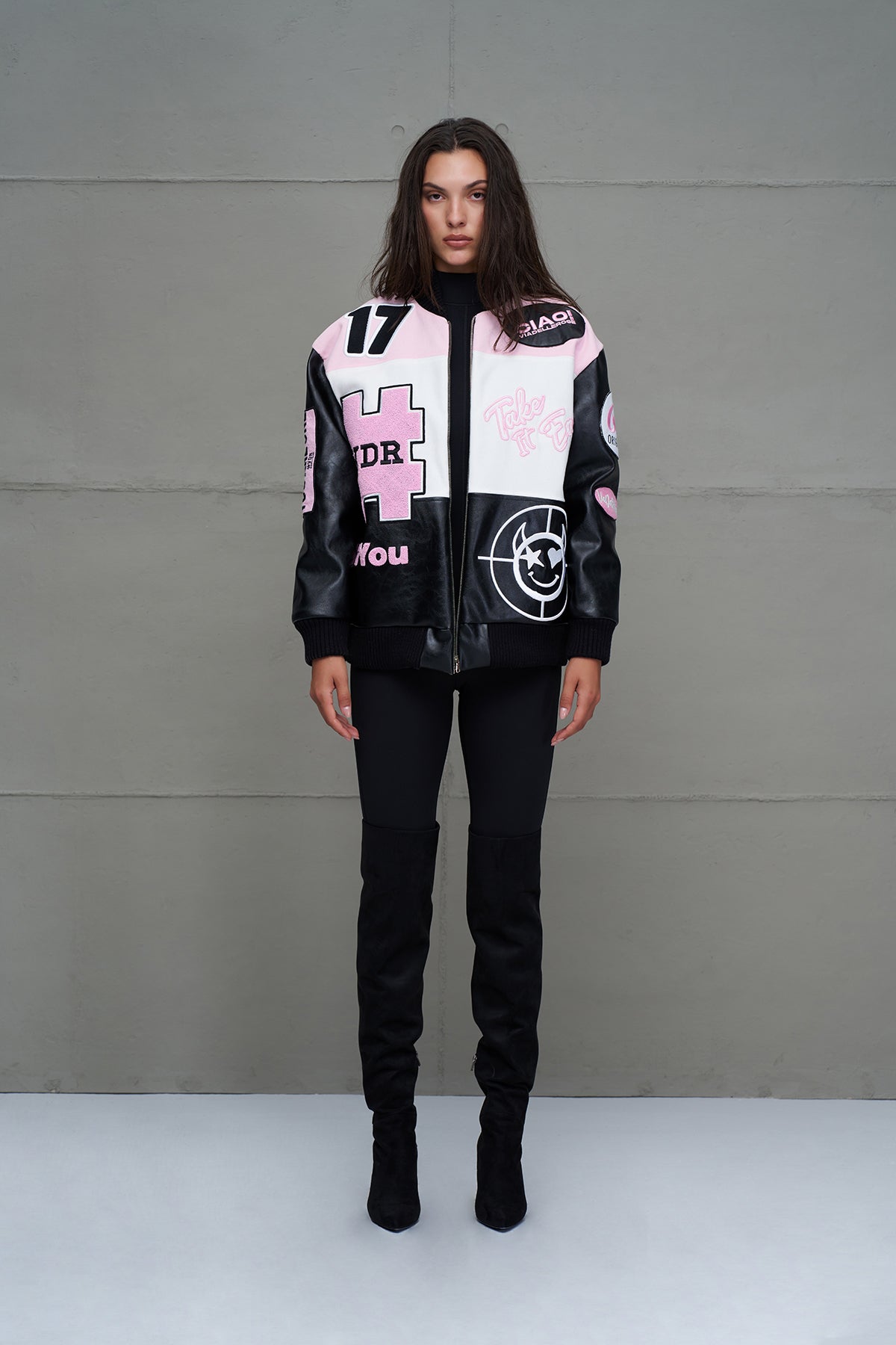 Black Pink White Oversize Pilot Bomber Jacket 18235