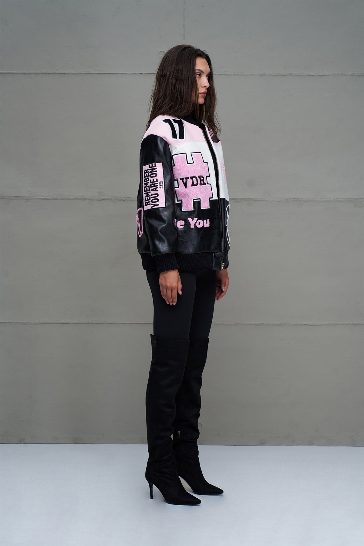 Black Pink White Oversize Pilot Bomber Jacket 18235