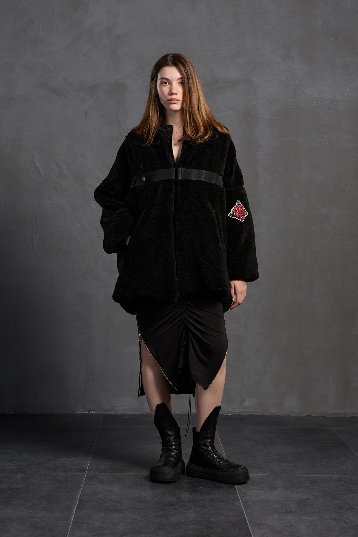 Black Faux Fur Look Belted Oversize Coat 18238