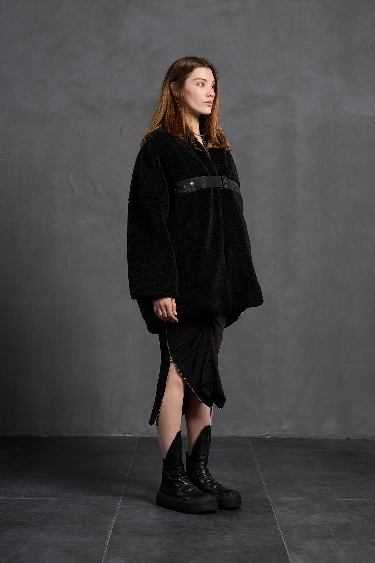 Black Faux Fur Look Belted Oversize Coat 18238