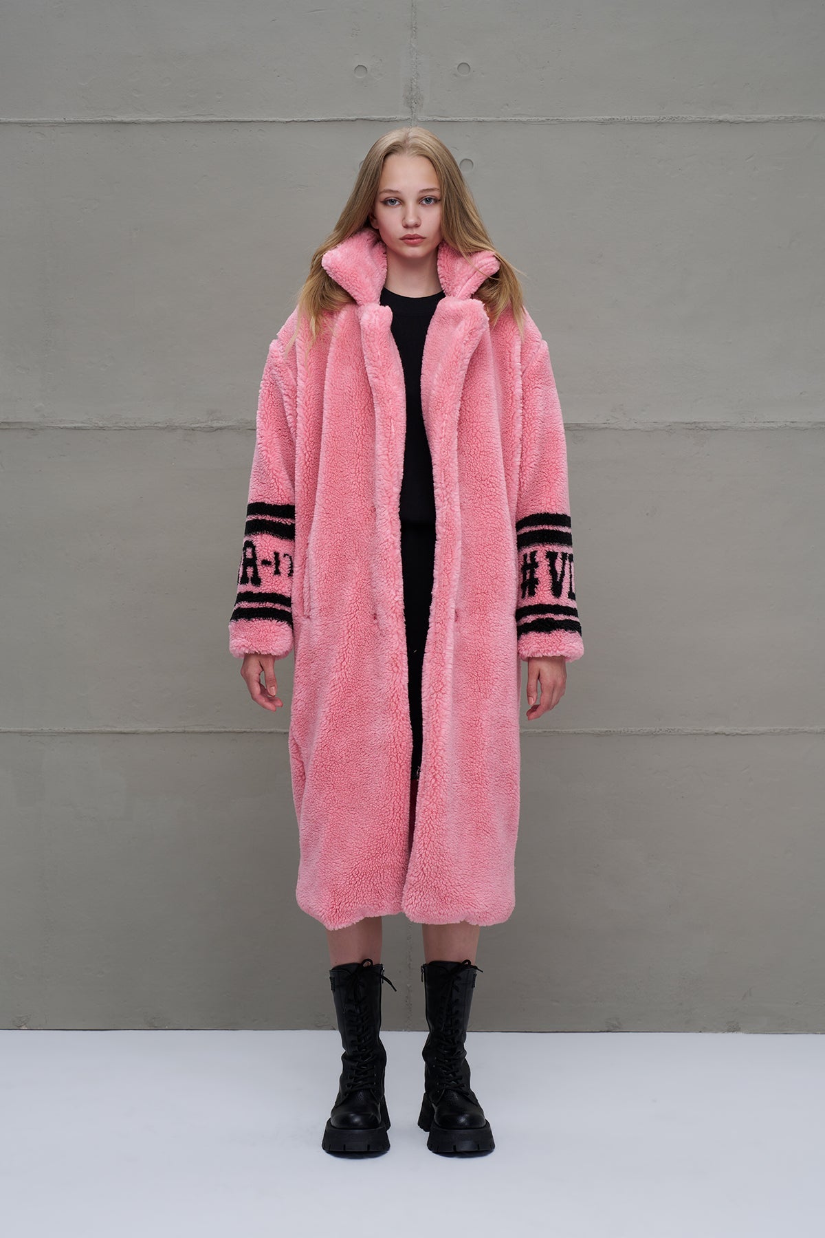 Pink Faux Fur Look Oversize Long Coat 18239