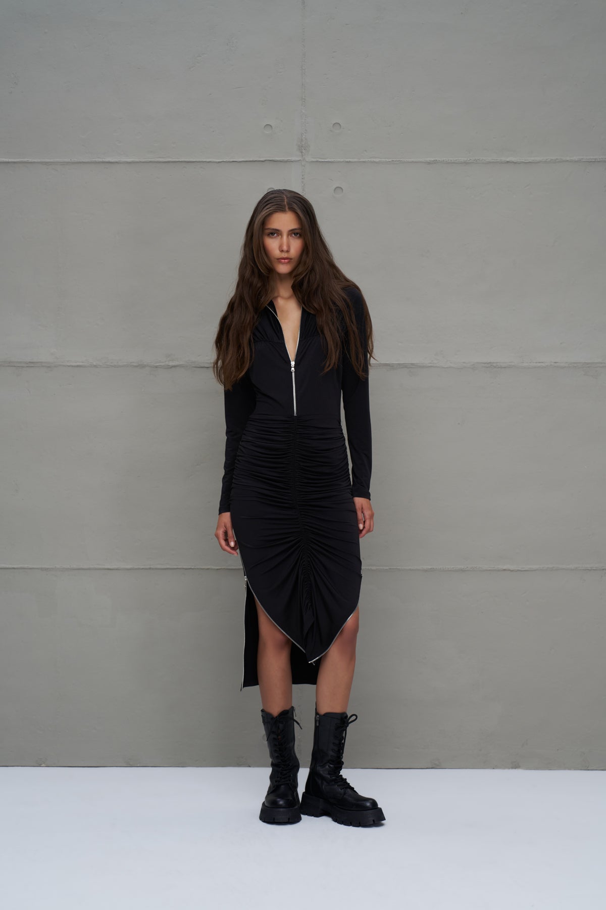 Black Zipper Detail Draped Long Dress 18272