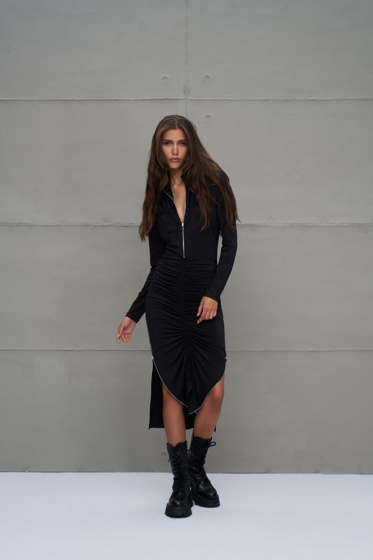 Black Zipper Detail Draped Long Dress 18272